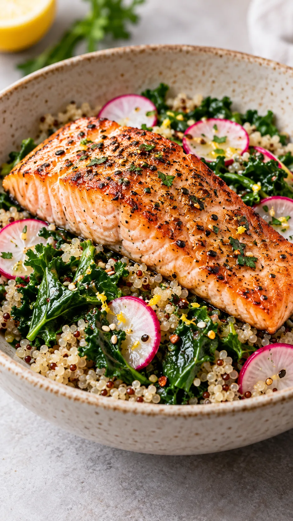 A delicious grilled salmon fillet resting on a bed of warm quinoa, sautéed power greens, and sliced radishes in a shallow ceramic bowl