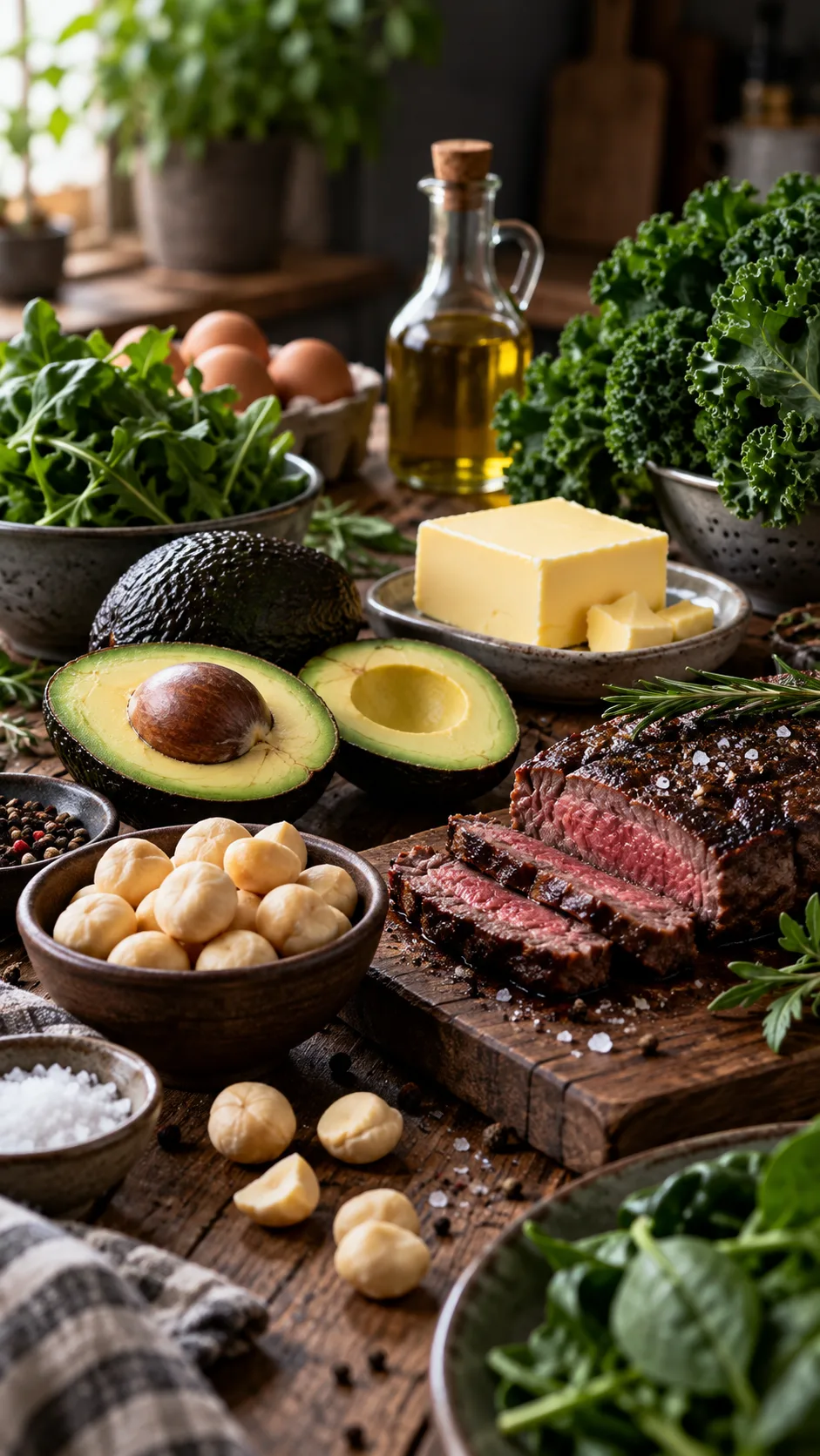 The Banting Diet Beginner's Trap: What the Green List Won't Tell You 1 A rustic kitchen table filled with Banting diet foods like avocados, butter, leafy greens, macadamia nuts, and steak, captured with moody natural lighting and shallow depth of field