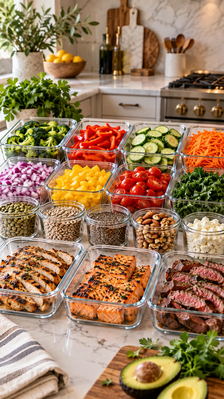 A luxury kitchen prep counter displaying freshly prepped glass containers with colorful chopped vegetables, raw seeds, and grilled proteins