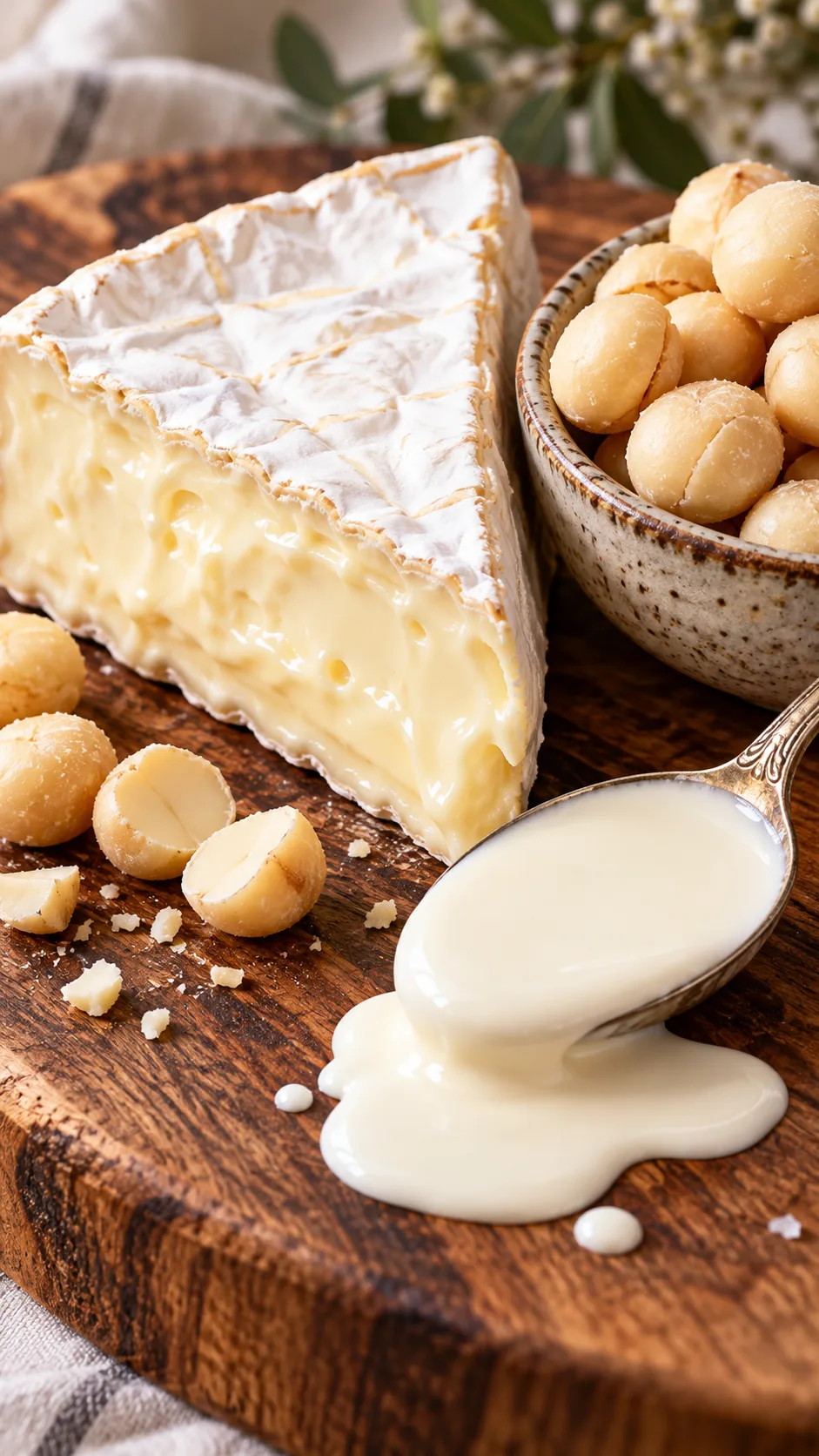 The Banting Diet Beginner's Trap: What the Green List Won't Tell You 2 A close-up shot of an elegant wooden board displaying a wedge of creamy brie cheese, a small bowl of raw macadamia nuts, and an overflowing spoon of rich heavy cream
