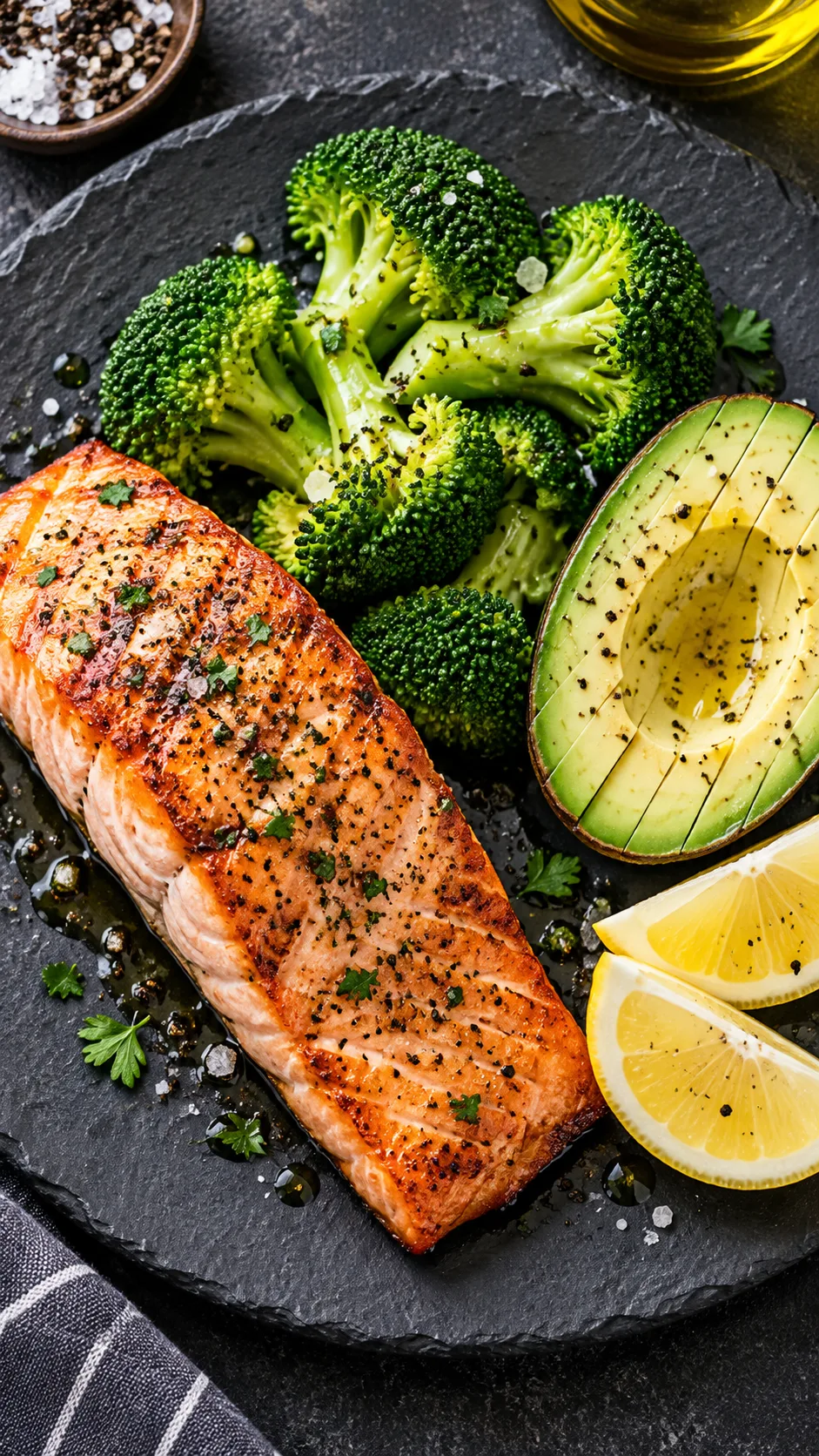 The Banting Diet Beginner's Trap: What the Green List Won't Tell You 3 A flat-lay photograph of a fresh Banting-approved meal: grilled wild salmon fillet, steamed broccoli florets drizzled with olive oil, half a sliced avocado, and fresh lemon wedges on a dark slate plate