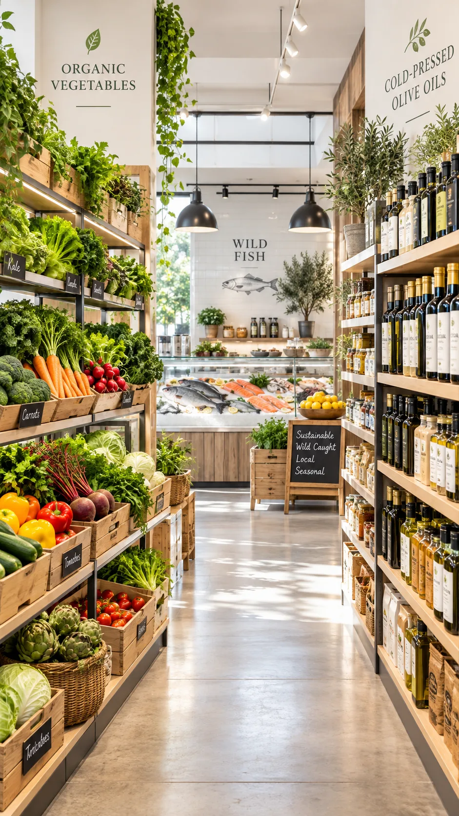 A bright minimalist grocery store aisle with organized shelves of organic vegetables, cold-pressed olive oils, and wild fish display
