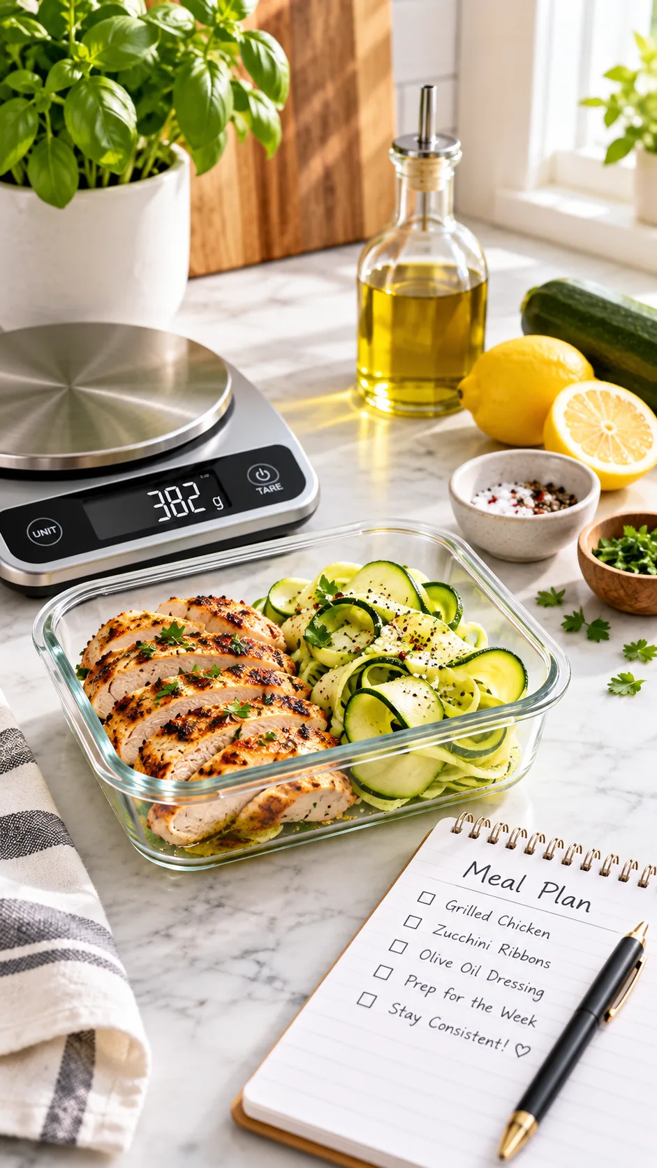 The Banting Diet Beginner's Trap: What the Green List Won't Tell You 4 A bright kitchen counter with a food scale, a glass meal prep container containing grilled chicken, zucchini ribbons, and olive oil dressing, alongside a notepad and pen