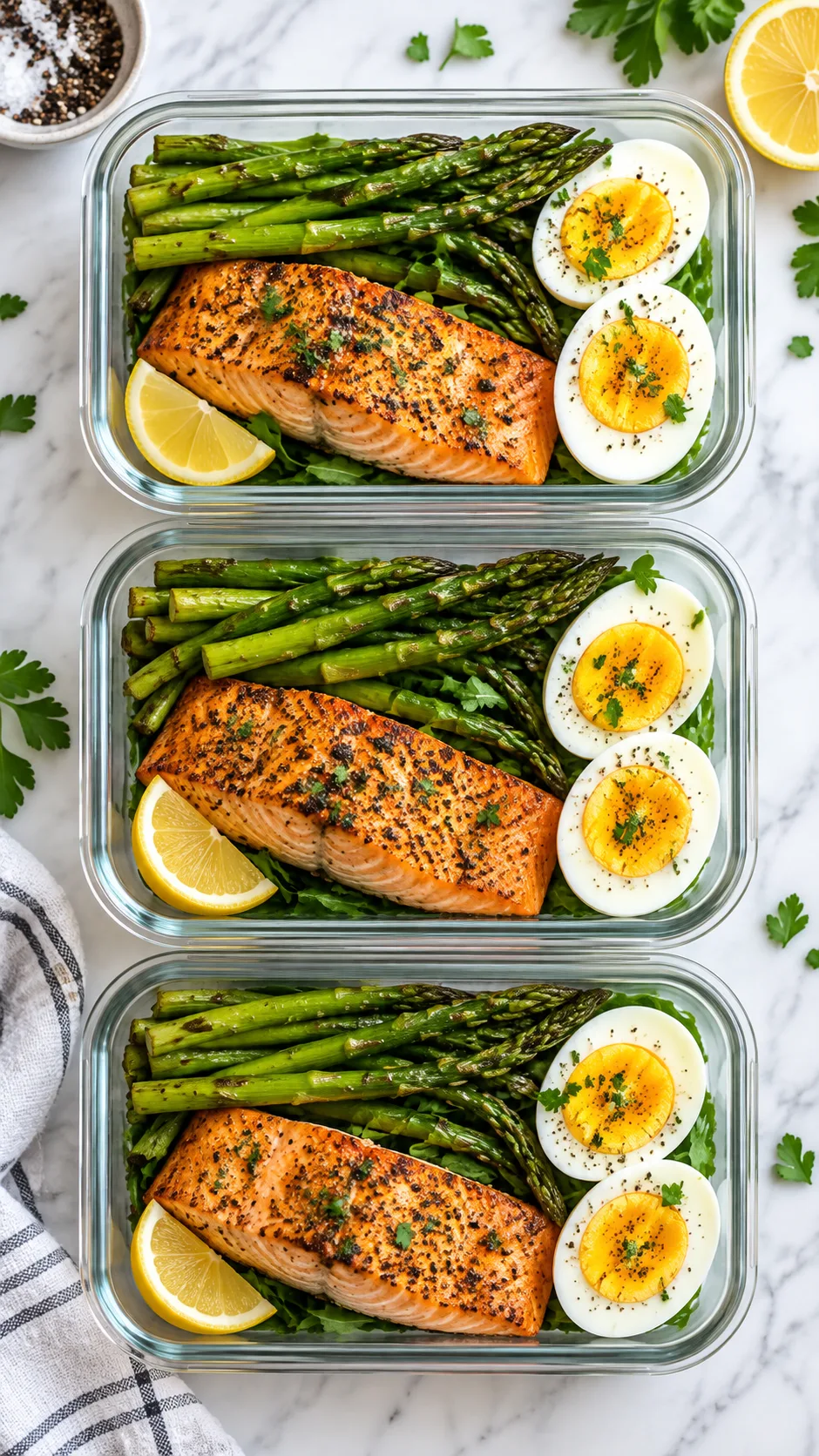 The Banting Diet Beginner's Trap: What the Green List Won't Tell You 5 A clean overhead shot of three glass glass meal prep containers filled with clean Banting foods like roasted salmon, asparagus spears, and hard-boiled eggs