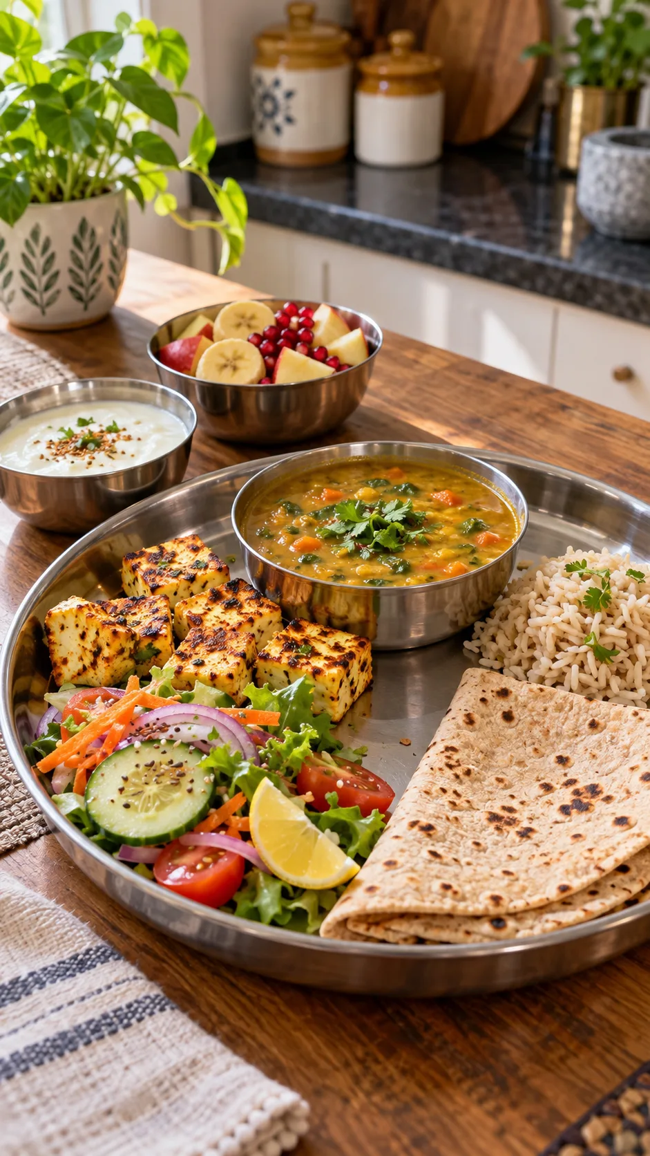 Warm natural-light food photography of a healthy Indian weight loss meal spread for women: vegetable dal, grilled paneer, mixed salad, small portion of brown rice, whole wheat roti, curd, and fruit arranged on simple Indian steel plates, realistic home kitchen setting