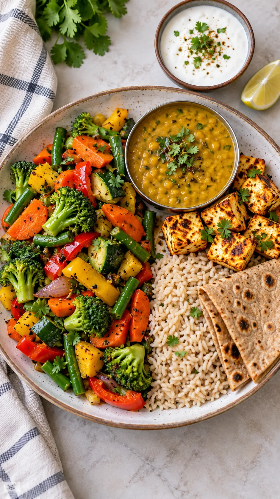 Overhead realistic photography of an Indian healthy weight loss plate divided visually into half colourful mixed vegetables, one quarter dal and grilled paneer, one quarter brown rice and whole wheat roti, with a small bowl of curd and lemon wedge