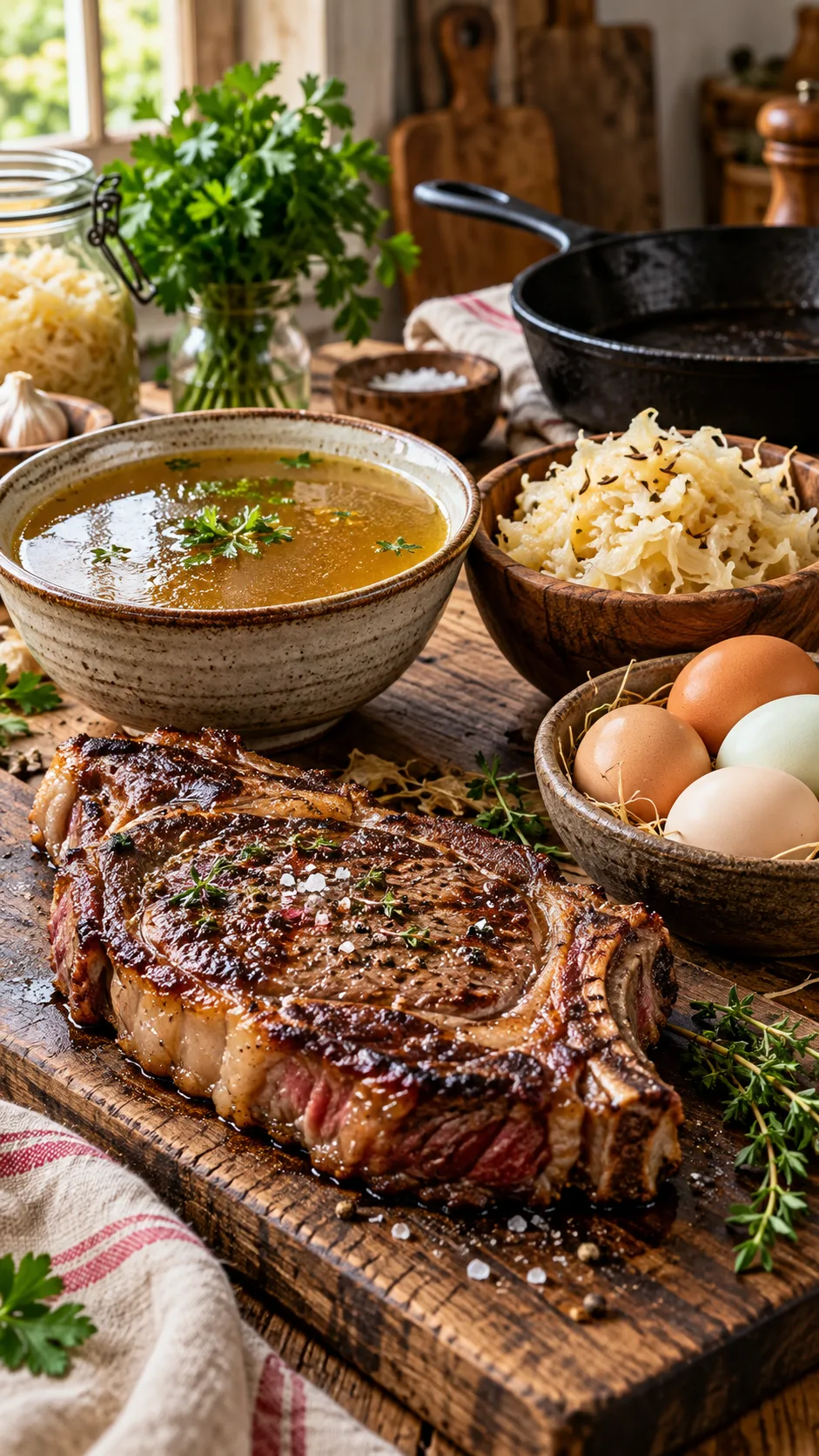 The Ancestral Diet Food List That Finally Made My Gut Happy 1 A rustic kitchen table topped with grass-fed ribeye steak, a bowl of rich golden bone broth, a wooden bowl of fermented sauerkraut, and pasture-raised eggs next to cast iron cookware, natural warm lighting, editorial food photography style
