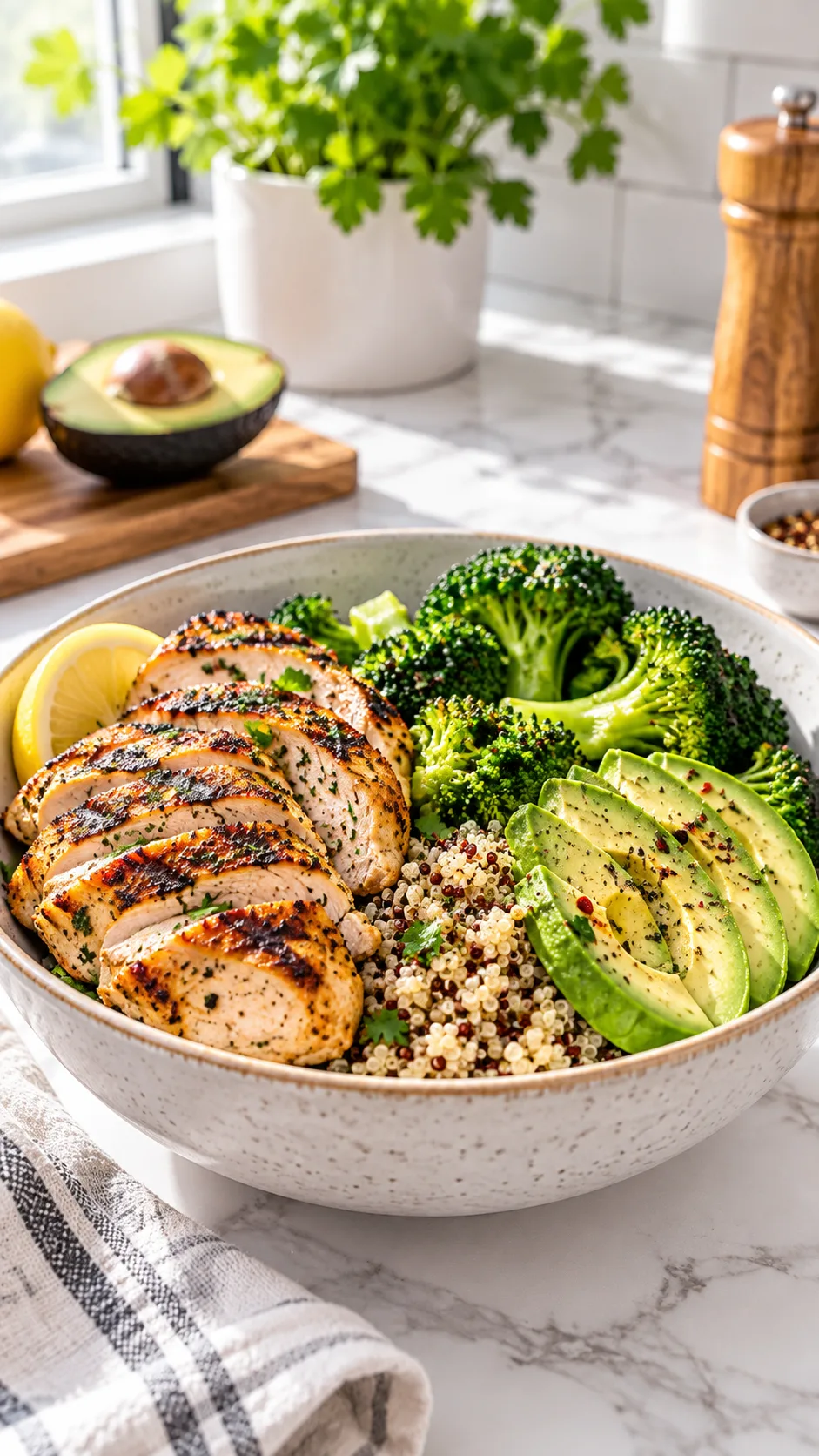 A vibrant, balanced high-protein meal bowl with grilled chicken breast, quinoa, avocado slices, and steamed broccoli on a bright modern kitchen counter, shot in clean natural morning light