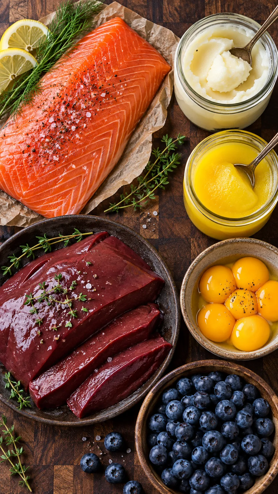 The Ancestral Diet Food List That Finally Made My Gut Happy 2 Overhead flat lay of an ancestral grocery haul on a dark butcher block: wild salmon fillet, grass-fed beef liver, jars of beef tallow and ghee, yellow pasture-raised egg yolks, and fresh organic blueberries