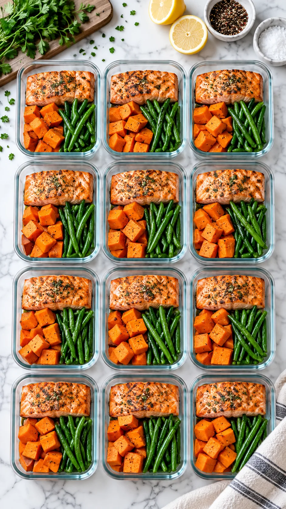 Overhead view of an organized weekly meal prep setup with clear glass containers filled with grilled salmon, steamed sweet potatoes, and green beans on a white marble countertop
