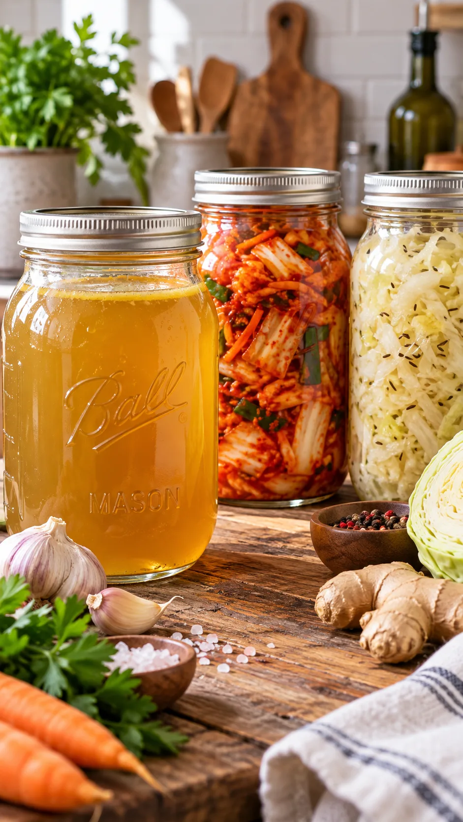 The Ancestral Diet Food List That Finally Made My Gut Happy 3 Glass mason jars filled with homemade golden bone broth, bright fermented kimchi, and raw sauerkraut on a rustic wooden counter, close-up shot with soft kitchen lighting
