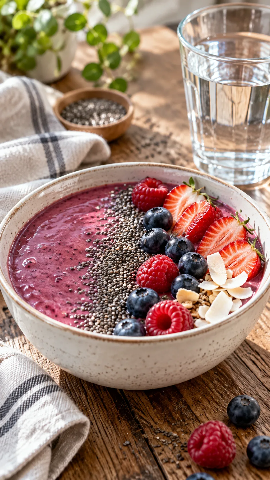 A close-up shot of an elegant white bowl filled with berry protein smoothie topped with chia seeds, set next to a glass of water on a rustic wood breakfast table