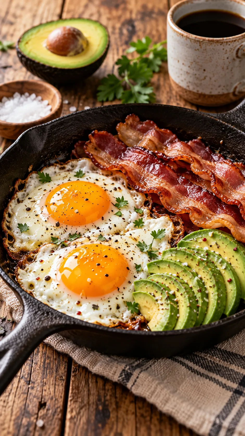 The Ancestral Diet Food List That Finally Made My Gut Happy 4 A delicious ancestral breakfast in a cast iron skillet: pasture-raised sunny-side up eggs with bright orange yolks, uncured bacon, and sliced avocado on a wooden table