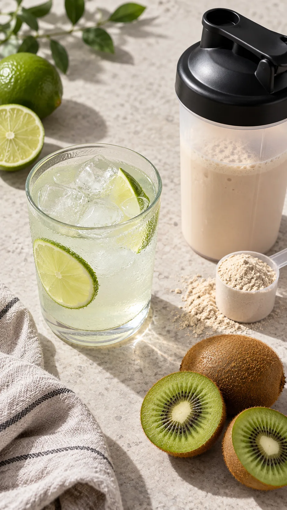 A minimalist still-life flat lay featuring an electrolyte glass with lime, a shaker bottle with protein powder, and fresh kiwis on a clean stone surface
