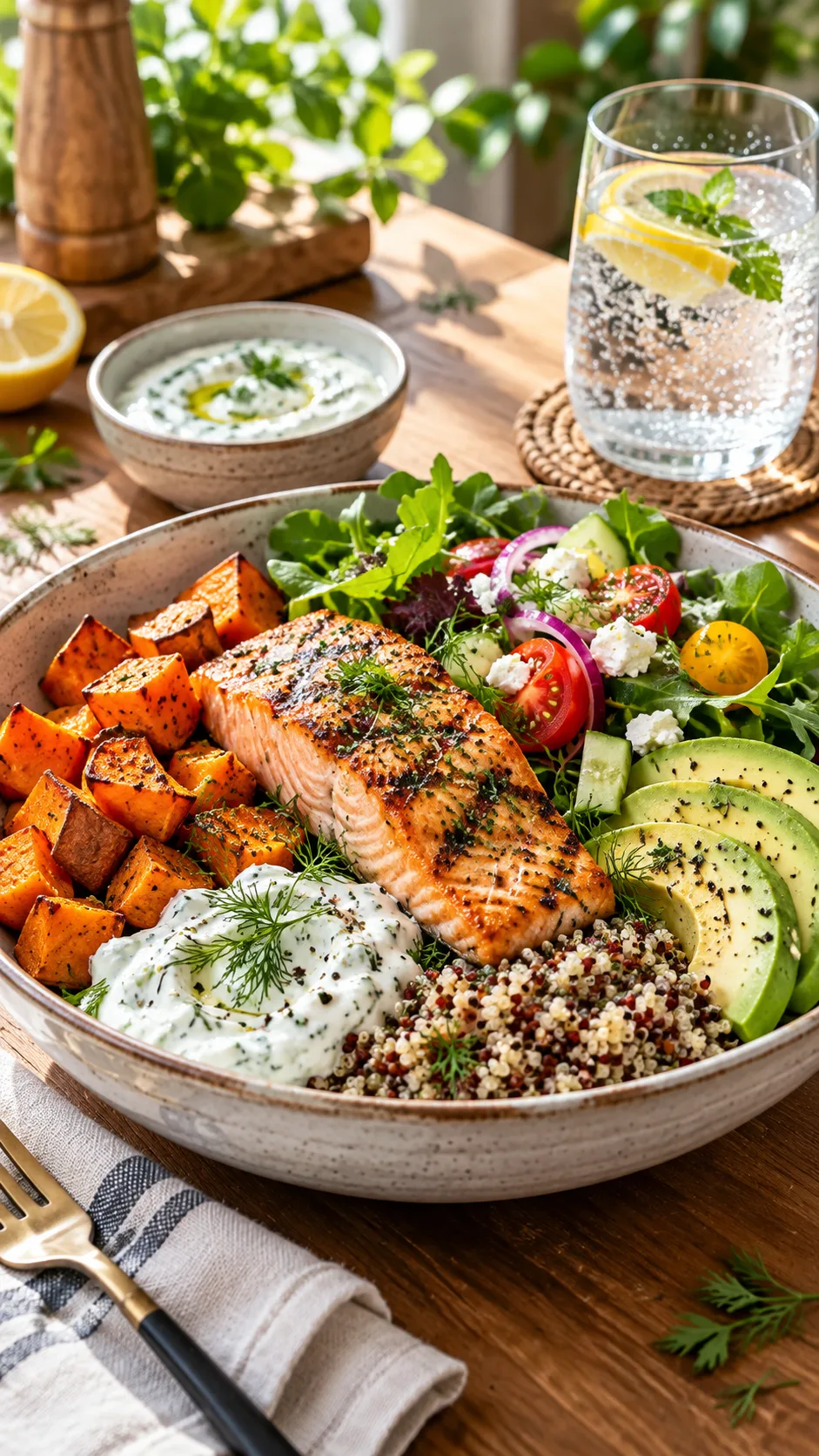 The One Meal Diet Plan That Actually Keeps You Full (No Starving Required) 1 Bright natural-light food photography of a generous one-meal-a-day dinner bowl with grilled salmon, roasted sweet potato, quinoa, avocado, leafy greens, colorful vegetables, Greek yogurt sauce, and sparkling water on a wooden table, realistic healthy lifestyle editorial style
