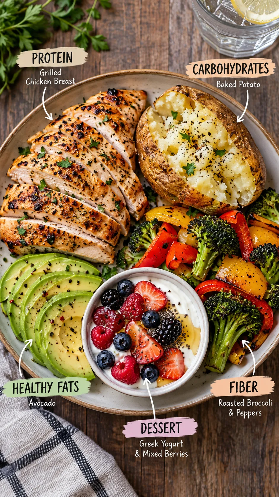The One Meal Diet Plan That Actually Keeps You Full (No Starving Required) 3 Overhead realistic photography of a balanced OMAD plate divided into sections: grilled chicken breast, baked potato, roasted broccoli and peppers, avocado slices, mixed berry Greek yogurt dessert, clear visual representation of protein fiber carbohydrates and healthy fats
