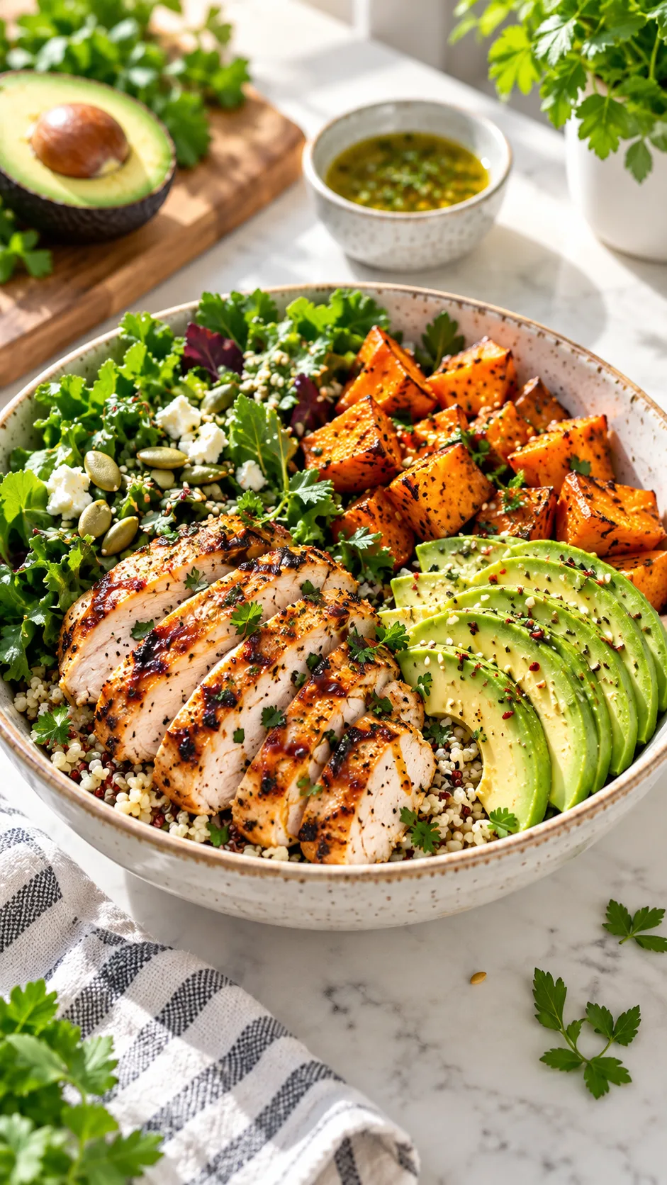 The Strict Diet Plan That Actually Works (Without Feeling Miserable) 1 A vibrant, delicious high-protein meal bowl with grilled chicken, sliced avocado, roasted sweet potatoes, and leafy greens on a bright kitchen counter, natural sunlight, appetizing food photography