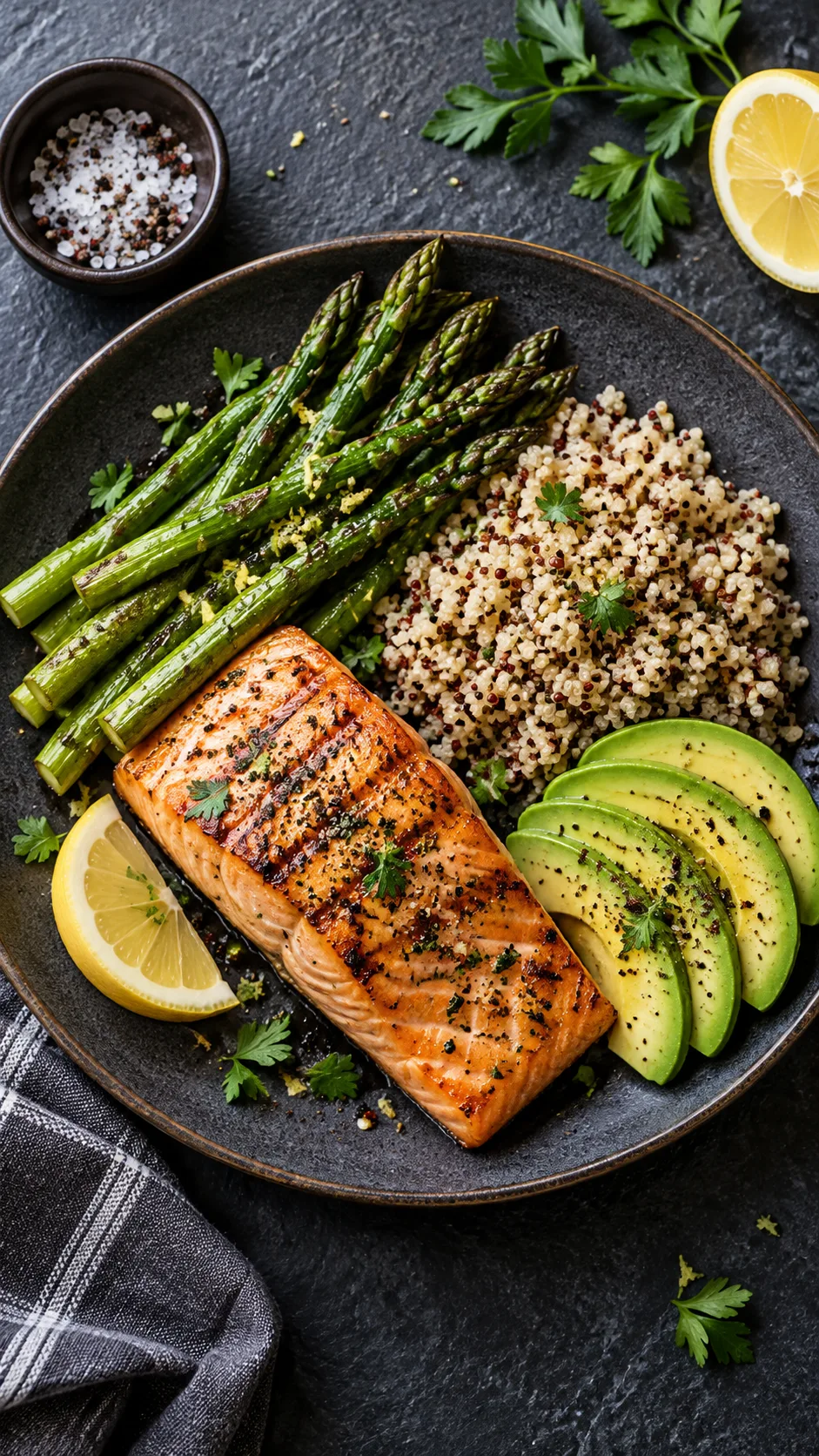 A flat-lay photograph of a healthy endomorph-friendly meal showing grilled salmon, roasted asparagus, sliced avocado, and a small portion of quinoa on a rustic dark slate table