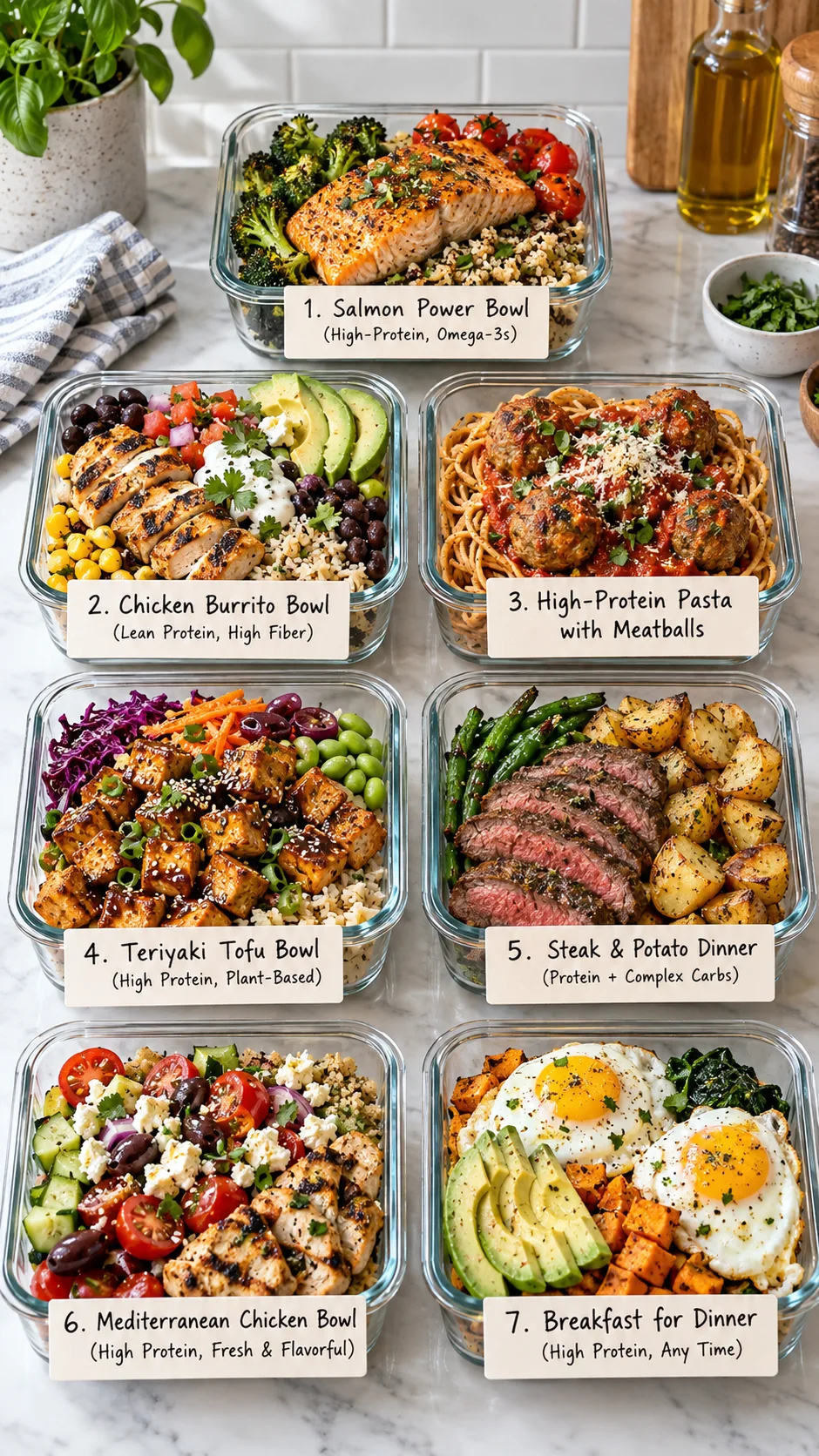 The One Meal Diet Plan That Actually Keeps You Full (No Starving Required) 4 Realistic meal prep photography showing seven labeled glass containers with different high-protein one-meal-a-day dinners including salmon bowls, chicken burrito bowls, pasta with meatballs, tofu bowls, steak and potato, Mediterranean chicken, and breakfast-for-dinner, bright clean kitchen setting