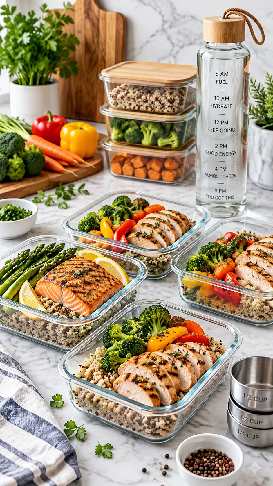 The Strict Diet Plan That Actually Works (Without Feeling Miserable) 2 A clean, organized kitchen workspace featuring meal prep containers with grilled proteins, colorful steamed vegetables, measuring cups, and a glass water bottle on marble background
