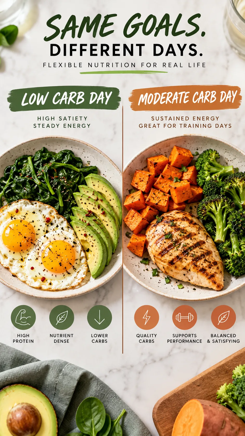 Infographic style photo showing two plates side by side: one low carb day plate with eggs, spinach, and avocado; one moderate carb day plate with sweet potato, grilled chicken breast, and broccoli