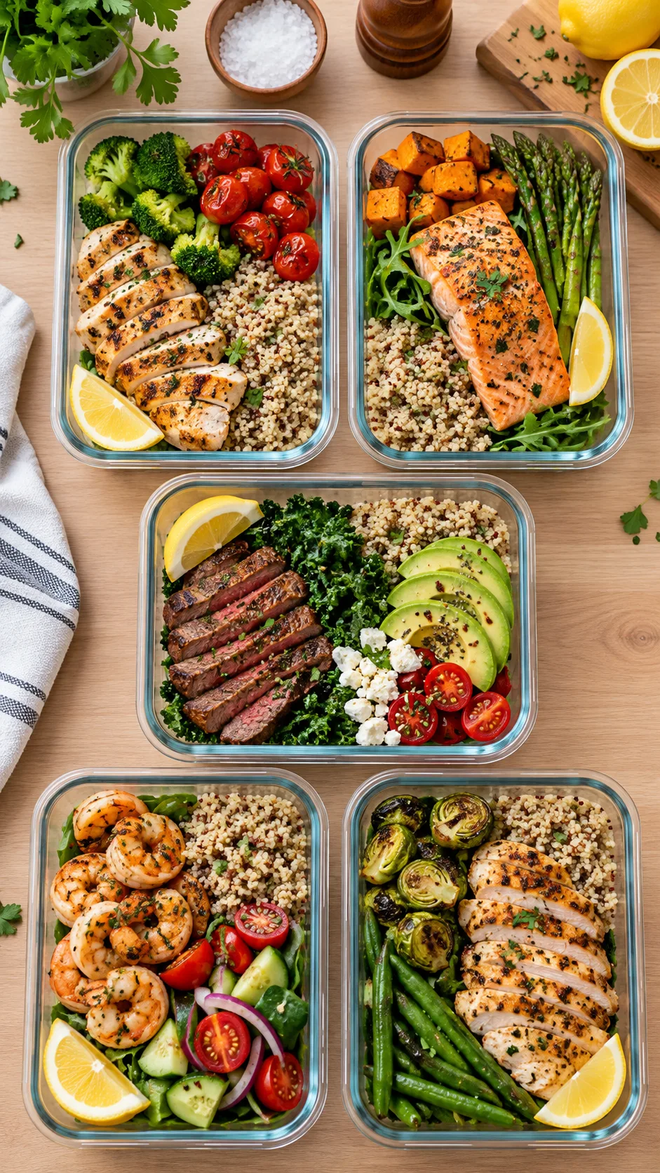The Strict Diet Plan That Actually Works (Without Feeling Miserable) 3 Overhead flat lay of five neatly organized glass meal prep containers filled with clean proteins, vibrant greens, quinoa, and lemon wedges on a light wood kitchen island