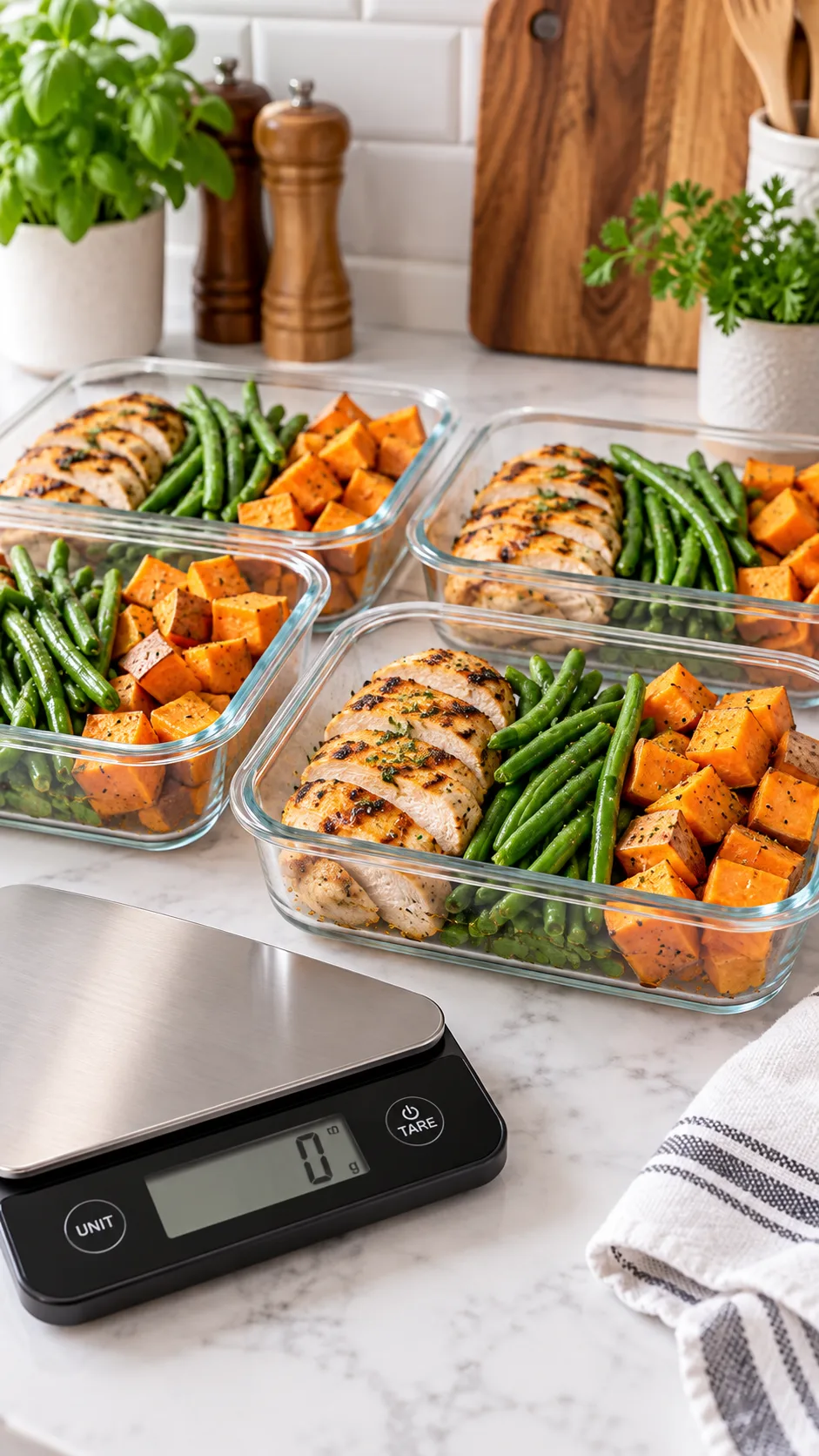 A clean kitchen counter showing meal prep containers loaded with grilled chicken, steamed green beans, and sweet potato chunks alongside a digital kitchen scale