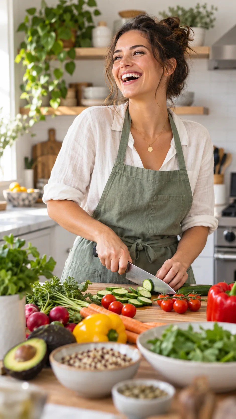 The Strict Diet Plan That Actually Works (Without Feeling Miserable) 4 A joyful individual laughing while cooking healthy whole foods in a bright modern kitchen, chopping fresh vegetables, genuine candid lifestyle photography