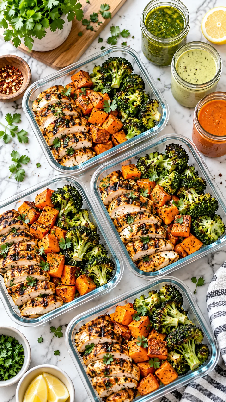 Healthy Dinner Meal Prep for the Week That Actually Saves You Time (and Tastes Amazing) 1 Overhead aesthetic shot of vibrant meal prep glass containers on a bright modern kitchen island, featuring colorful grilled chicken strips, roasted sweet potatoes, charred broccoli florets, fresh herbs, and small mason jars filled with bright sauces