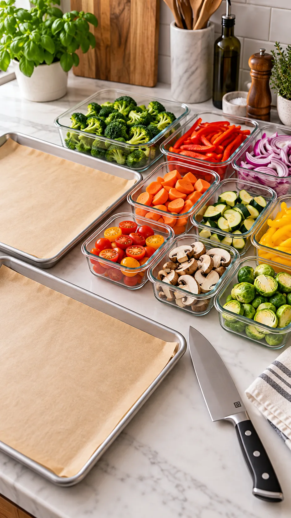 Healthy Dinner Meal Prep for the Week That Actually Saves You Time (and Tastes Amazing) 3 Neatly arranged kitchen counter showing high-quality half-sheet pans lined with parchment paper, an eight-inch sharp chef knife, and organized glass containers filled with colorful prepped raw vegetables