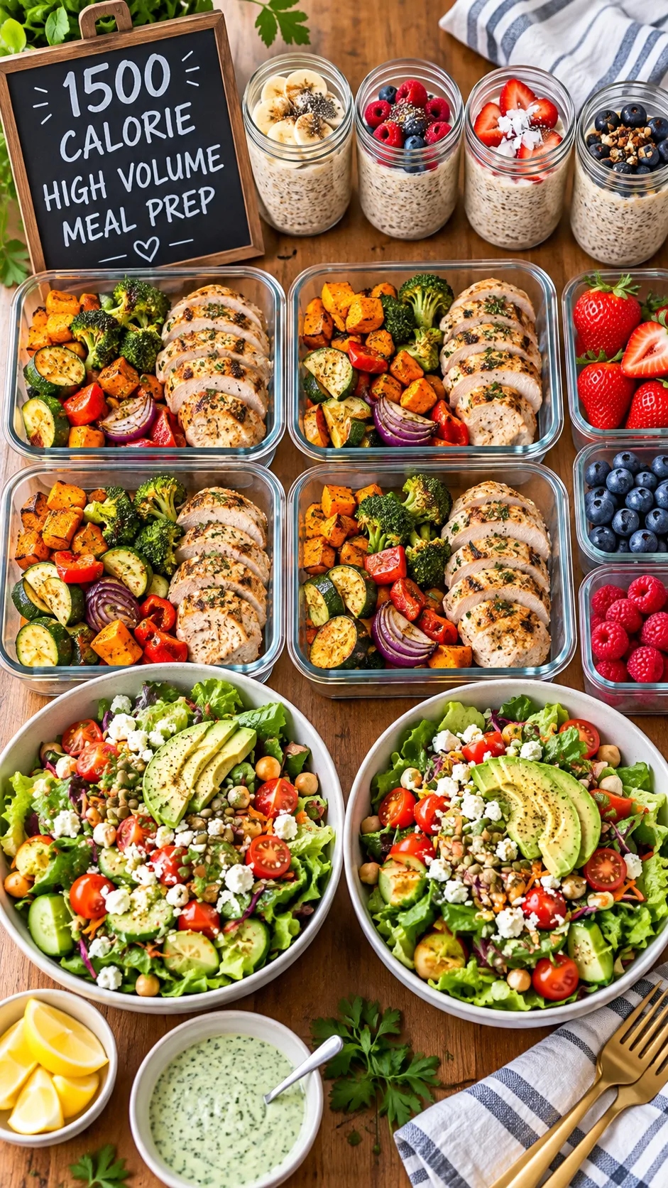 Bright, vibrant flat lay of a 1500 calorie high volume meal prep on a clean wooden dining table, showing roasted vegetables, lean chicken breast, large salad bowls, fresh berries, and overnight oats in glass containers