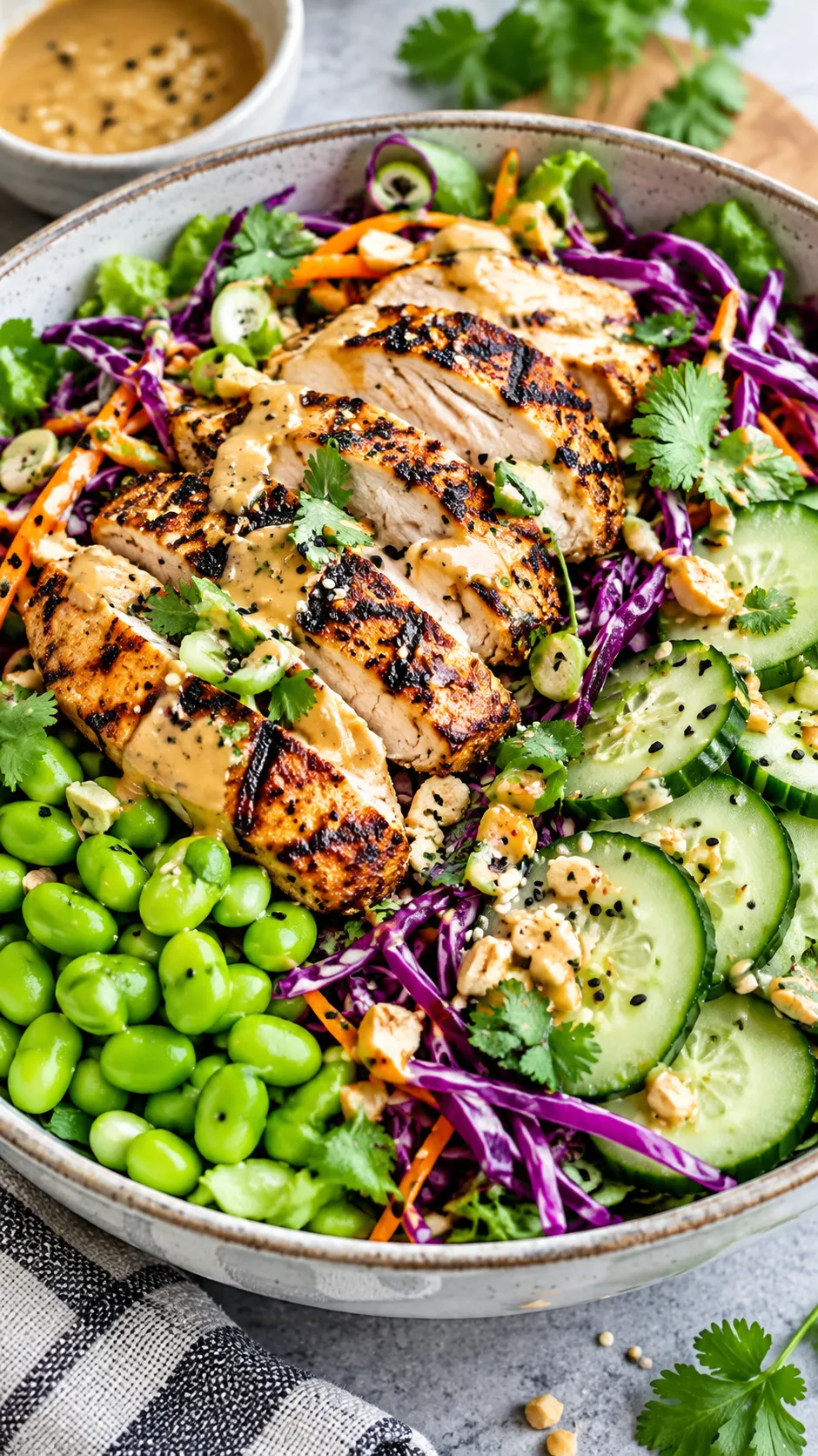 Close-up shot of a massive colorful salad bowl packed with grilled chicken strips, shredded purple cabbage, edamame, sliced cucumbers, and light dressing, shot with natural daylight