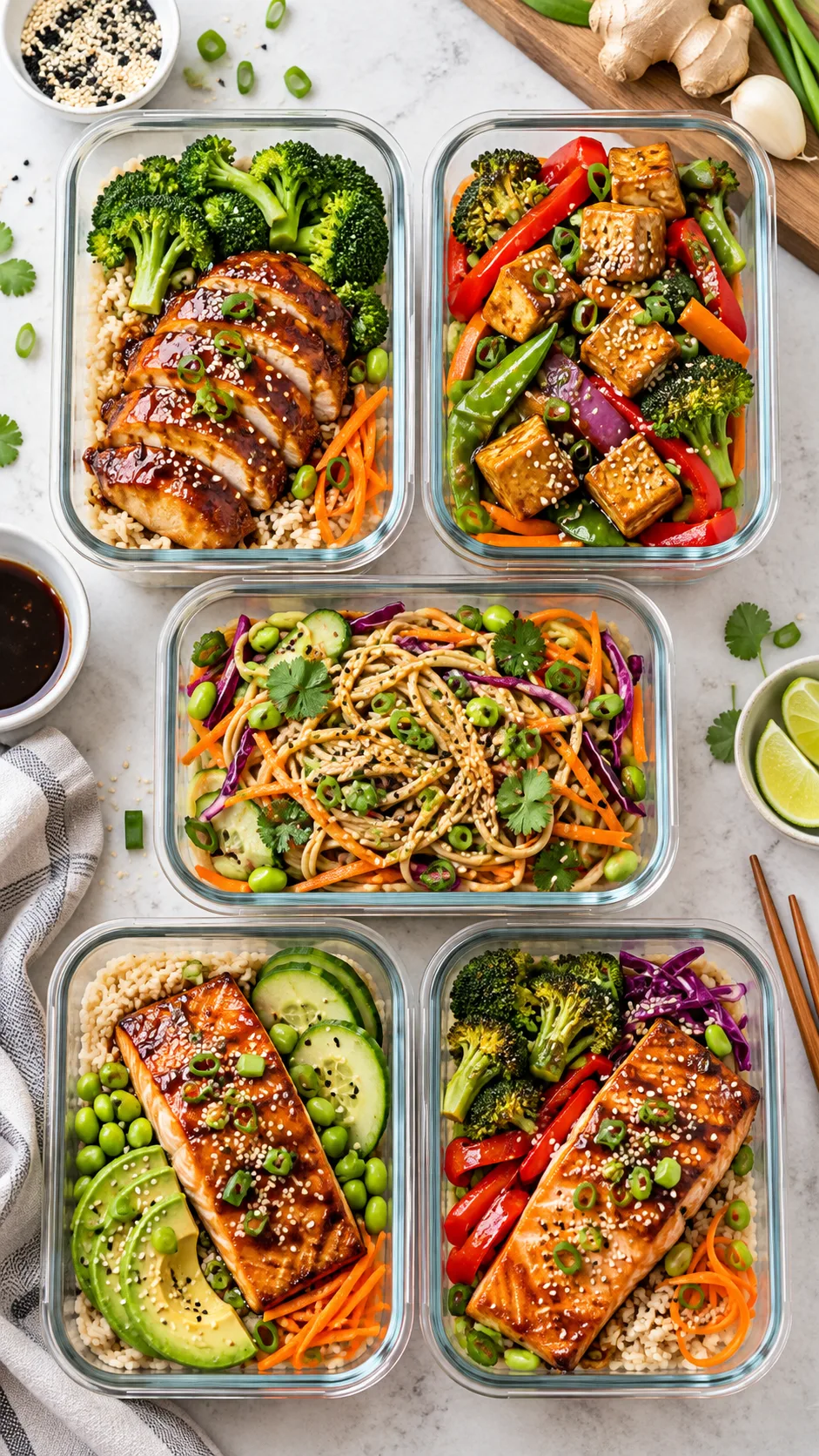 Bright overhead food photography of five Asian-inspired healthy meal prep containers arranged on a light kitchen counter, featuring teriyaki chicken with brown rice and broccoli, tofu stir-fry, sesame noodle salad, salmon rice bowls, colorful vegetables, glass containers, natural daylight, realistic editorial food styling