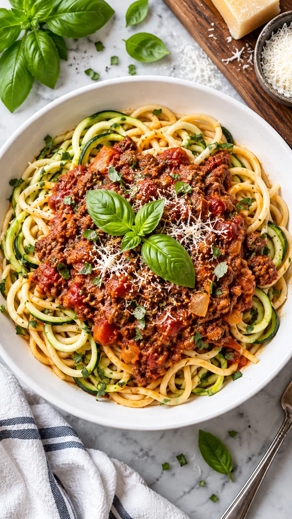 Overhead view of a cooked lean beef Bolognese served over a mix of spiralized zucchini noodles and spaghetti in a white ceramic pasta bowl, garnished with fresh basil leaves