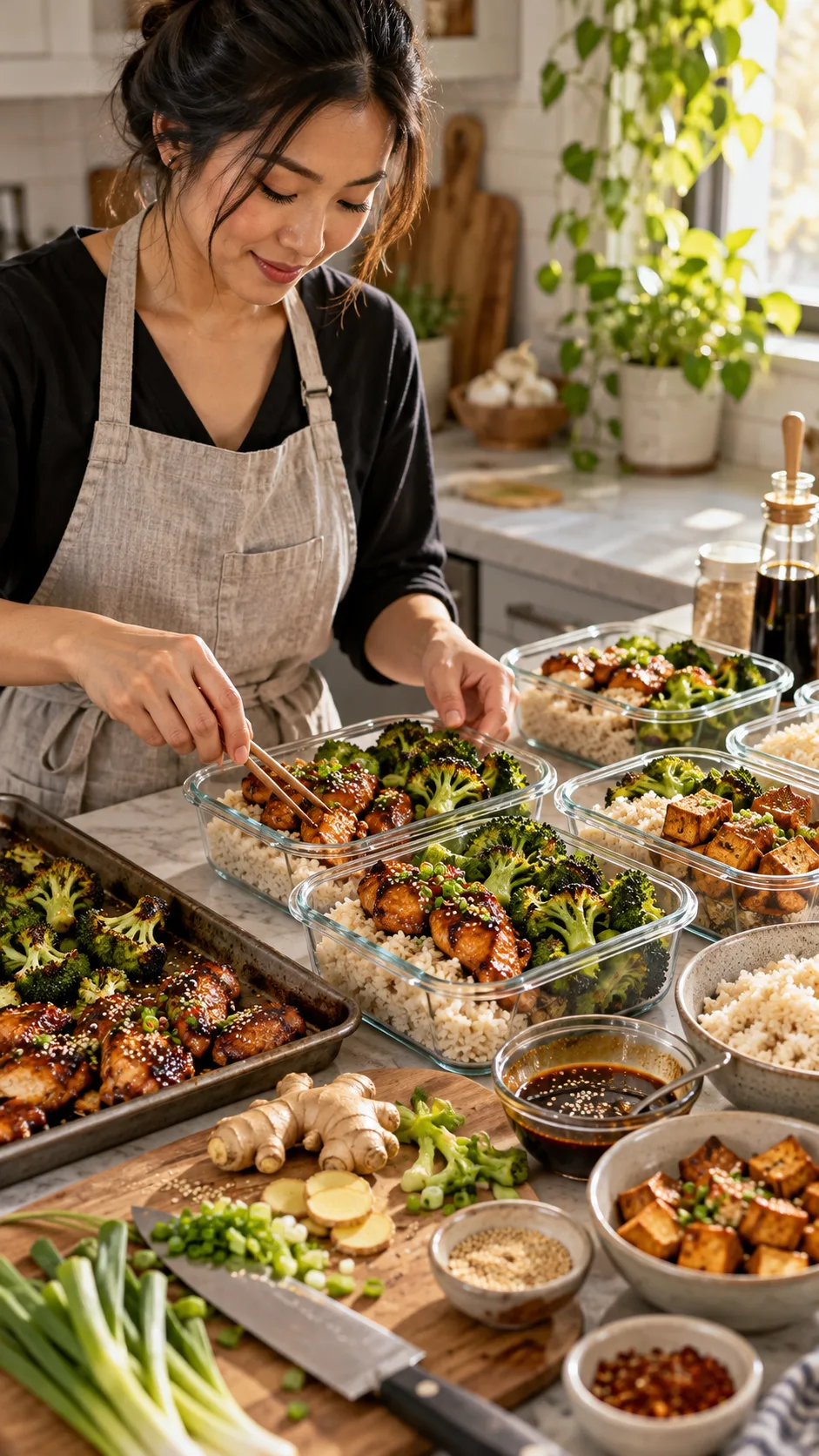 Realistic lifestyle food photography of a home cook meal prepping Asian-inspired lunches on a kitchen counter, arranging rice, roasted broccoli, glazed chicken, tofu, sauces in small containers, chopping board with ginger and scallions, warm afternoon light
