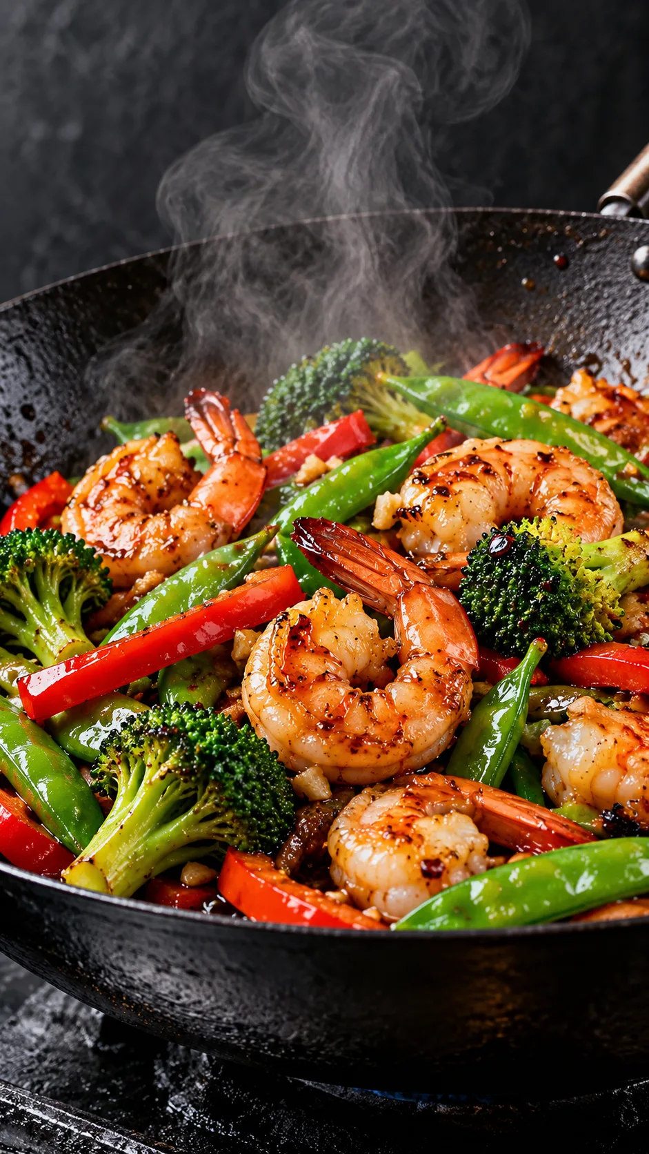 Wok stir-fry featuring succulent jumbo shrimp, bright green snap peas, red bell peppers, and broccoli florets, steaming lightly against a dark slate background