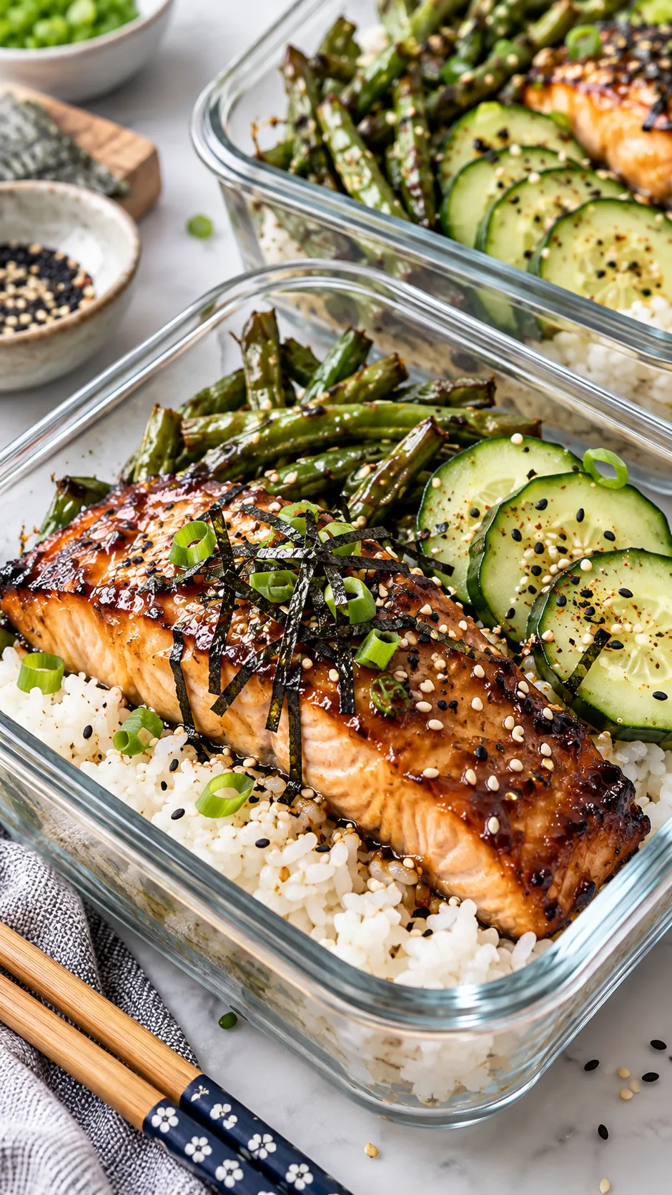 Close-up editorial food photography of Japanese-inspired miso glazed salmon meal prep bowls in glass containers with fluffy rice, roasted green beans, sliced cucumber, nori strips, sesame seeds and chopsticks, clean bright natural lighting