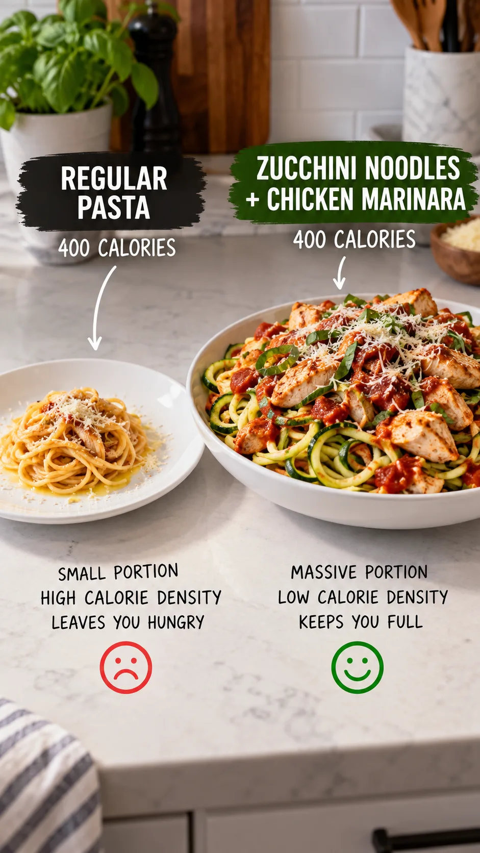 Comparison shot of two plates on a kitchen counter: one tiny portion of oily pasta versus a massive plate of zucchini noodles mixed with chicken and marinara, highlighting volume differences