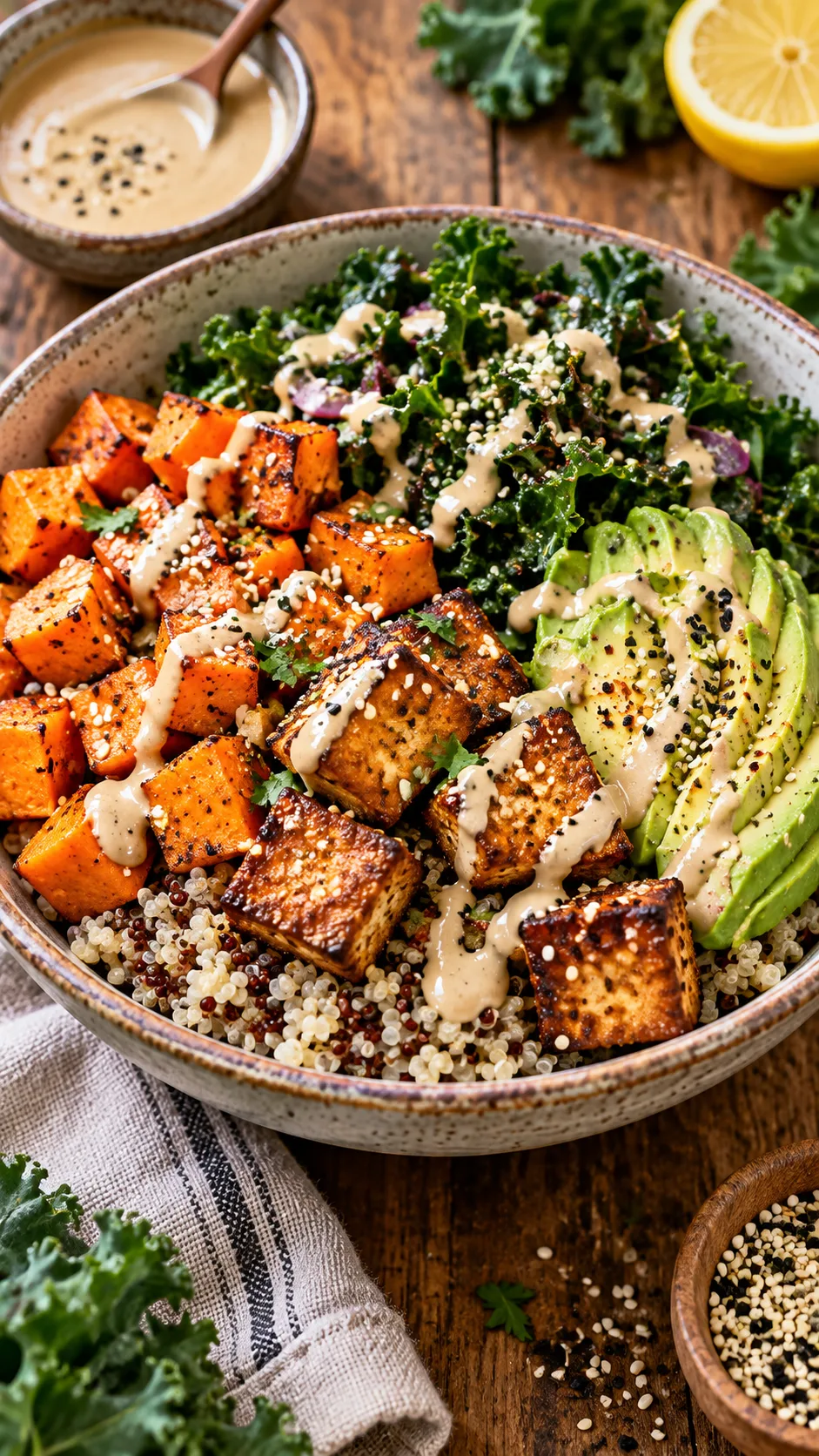 The Vegan Diet Plan Beginners Actually Stick To (No Deprivation Required) 1 A vibrant, delicious vegan grain bowl with roasted sweet potatoes, marinated crispy tofu, avocado slices, massaged kale, and a creamy tahini drizzle on a rustic wooden table.