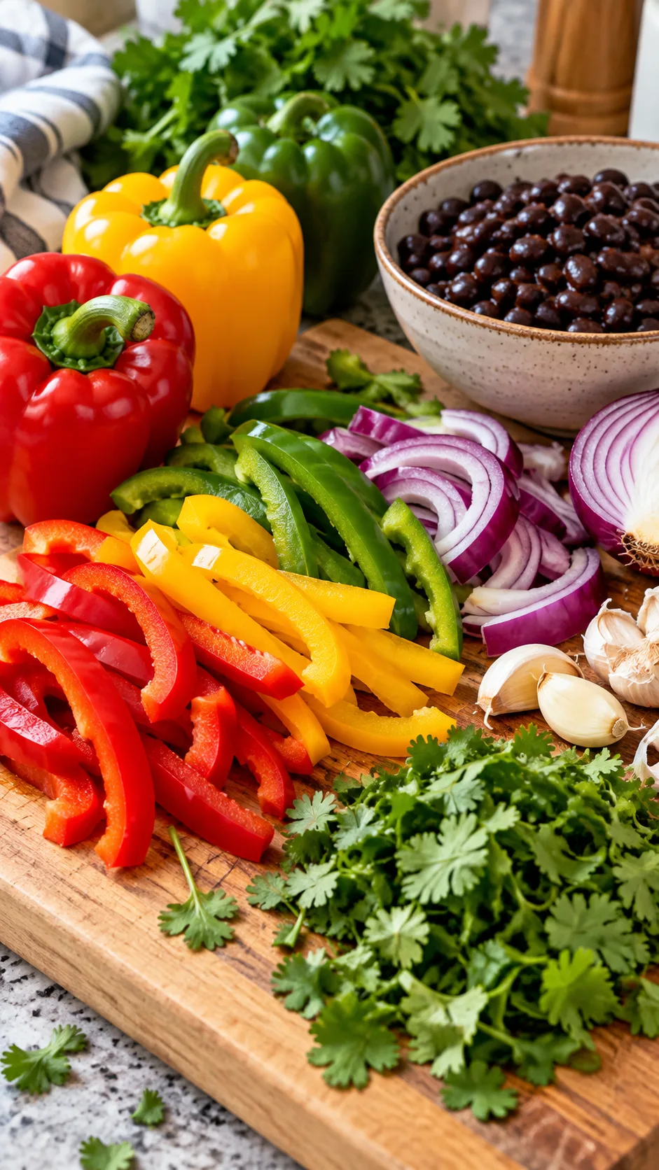 The Vegan Diet Plan Beginners Actually Stick To (No Deprivation Required) 2 Close-up of a kitchen cutting board with colorful bell peppers, red onions, garlic cloves, fresh cilantro, and a bowl of black beans, showing vibrant home meal prep.