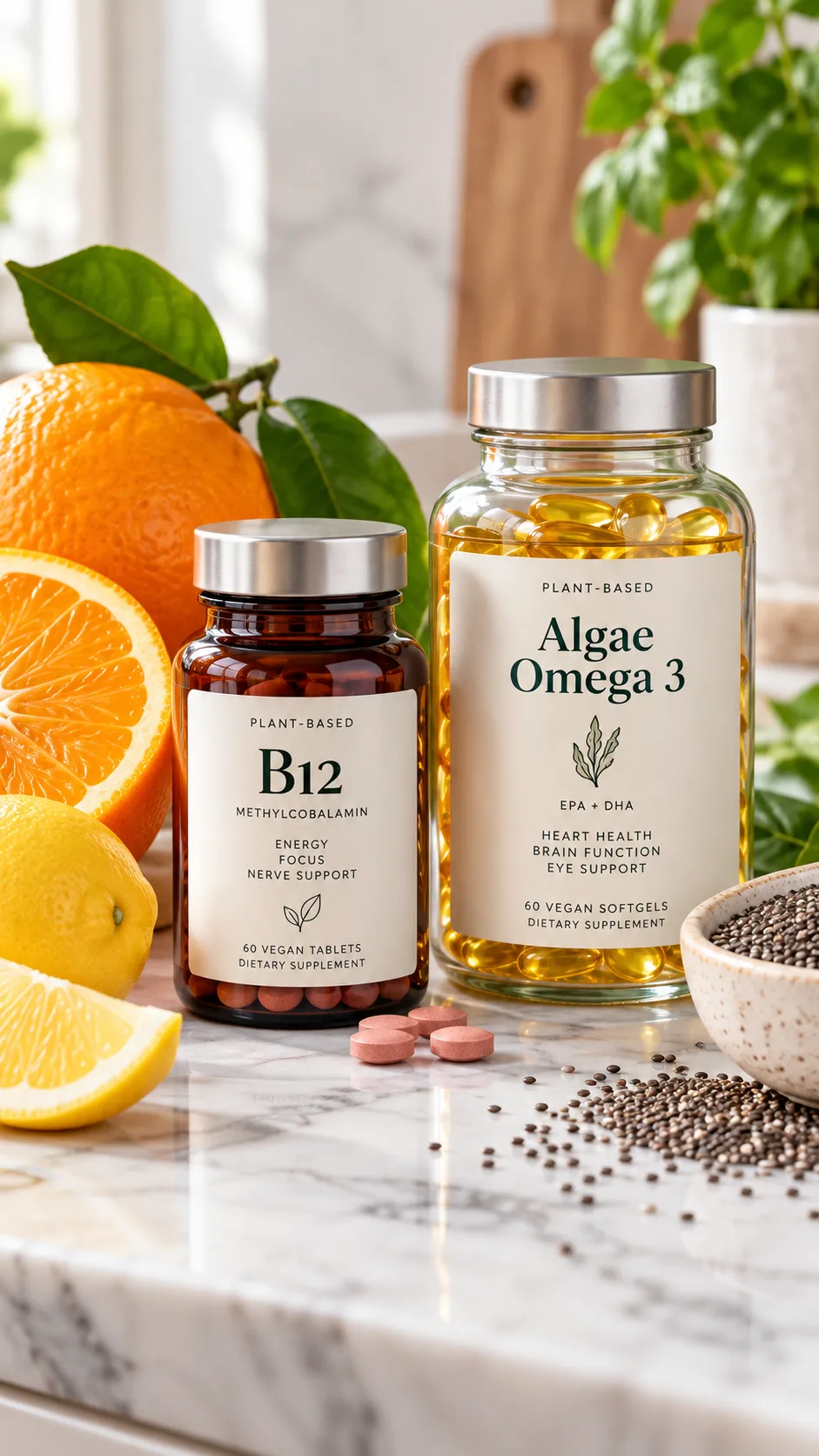 The Vegan Diet Plan Beginners Actually Stick To (No Deprivation Required) 3 Glass supplement bottles labeled B12 and Algae Omega 3 sitting on a clean marble countertop next to fresh citrus fruits and chia seeds.