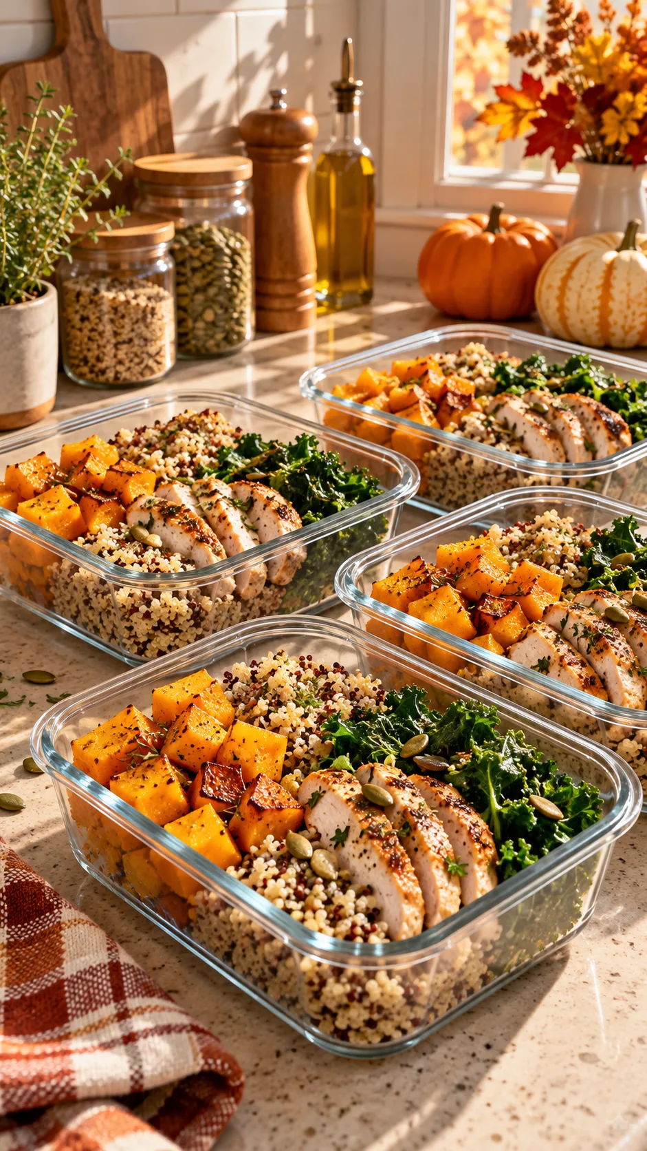 Fall Meal Prep That Makes Healthy Eating Feel Effortless All Week 1 A cozy autumn kitchen counter with neatly arranged glass meal prep containers filled with roasted butternut squash, quinoa, sliced grilled chicken breast, and vibrant steamed kale, bathed in warm afternoon sunlight with mini pumpkins in the background
