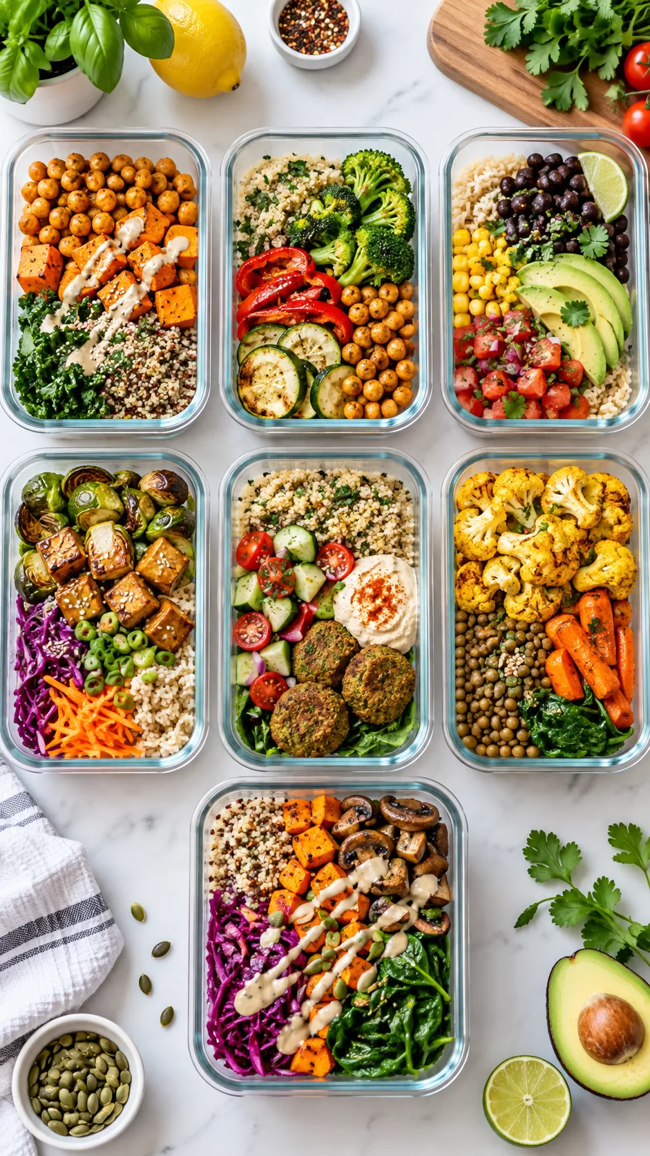 The Vegan Diet Plan Beginners Actually Stick To (No Deprivation Required) 4 A flat lay of seven prepped vegan meal glass containers lined up on a bright kitchen counter with colorful vegetables, grains, and legumes.