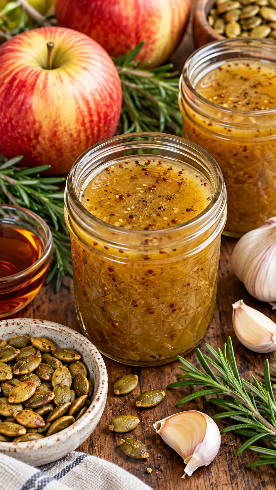 Fall Meal Prep That Makes Healthy Eating Feel Effortless All Week 2 Close-up flat lay shot of glass jars containing homemade maple Dijon vinaigrette, surrounded by fresh sprigs of rosemary, whole apples, garlic cloves, and small bowls of toasted pumpkin seeds