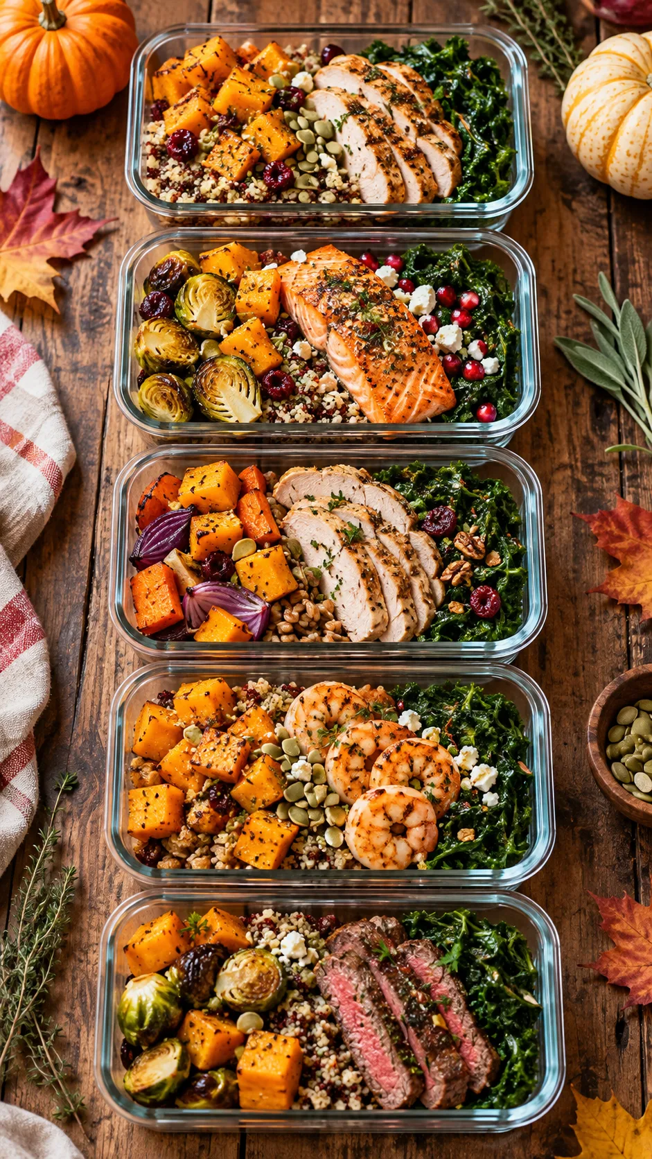 Fall Meal Prep That Makes Healthy Eating Feel Effortless All Week 3 Five matching glass meal prep containers lined up on a rustic wooden table, each showcasing a colorful, perfectly portioned autumn meal with roasted squash, vibrant greens, and lean proteins