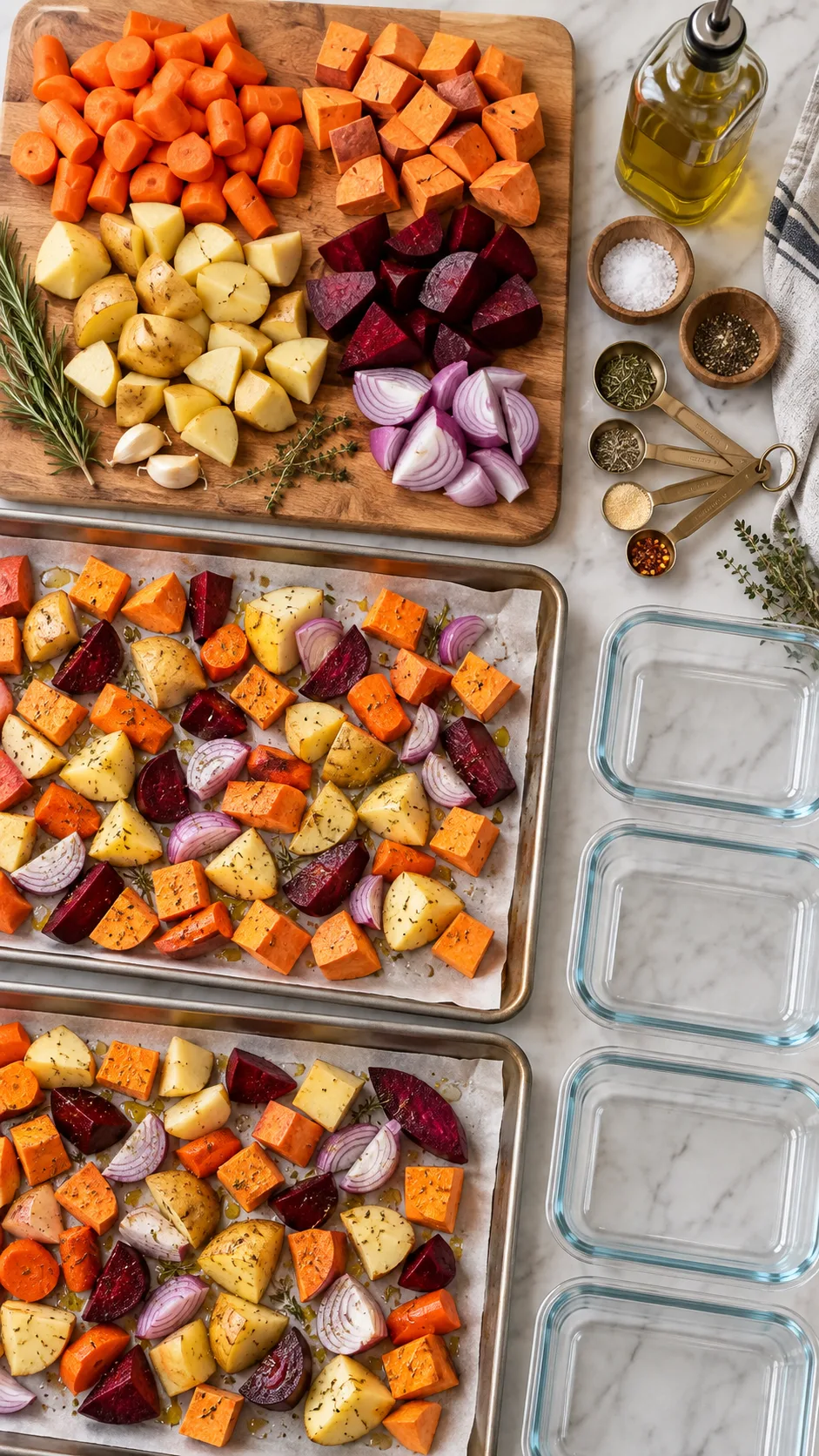 Fall Meal Prep That Makes Healthy Eating Feel Effortless All Week 4 A high-angle flat lay showing an organized prep station with chopped root vegetables on a wooden cutting board, parchment-lined baking sheets, glass storage containers, and measuring spoons