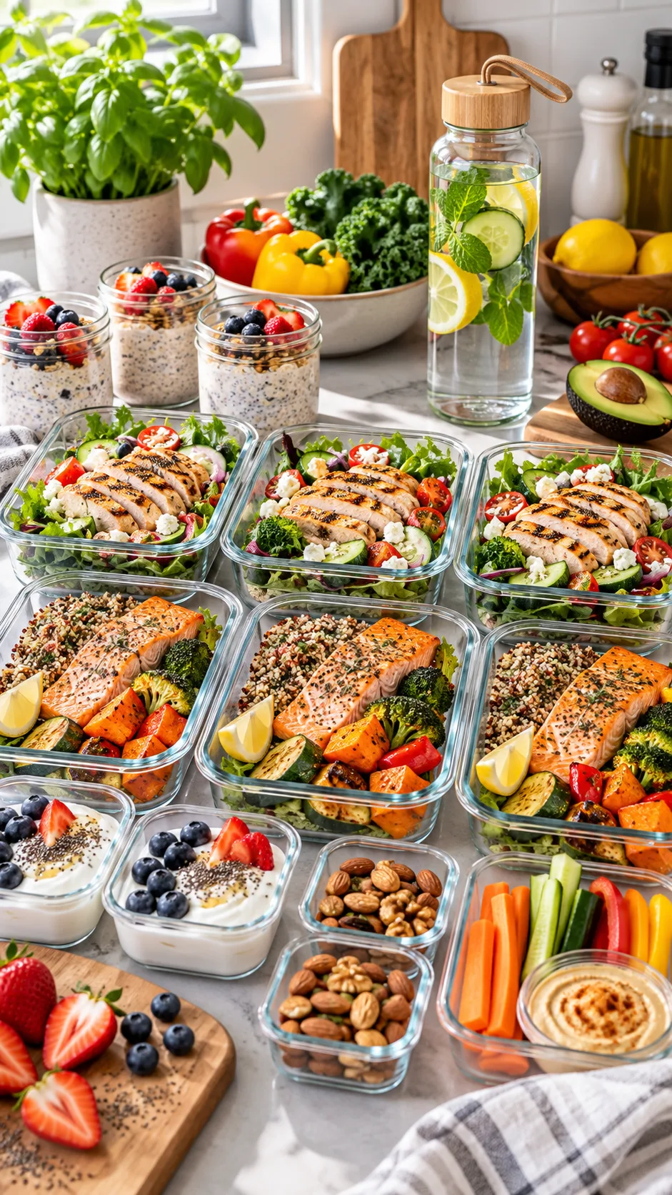 The Svelte 3 Day Meal Plan That Resets Your Metabolism Without Starving 1 Bright natural-light food photography of a healthy three-day meal prep spread on a clean kitchen counter, including grilled chicken salad, oats with berries, salmon with roasted vegetables, Greek yogurt, nuts, colourful fresh produce, glass water bottle, realistic editorial wellness style