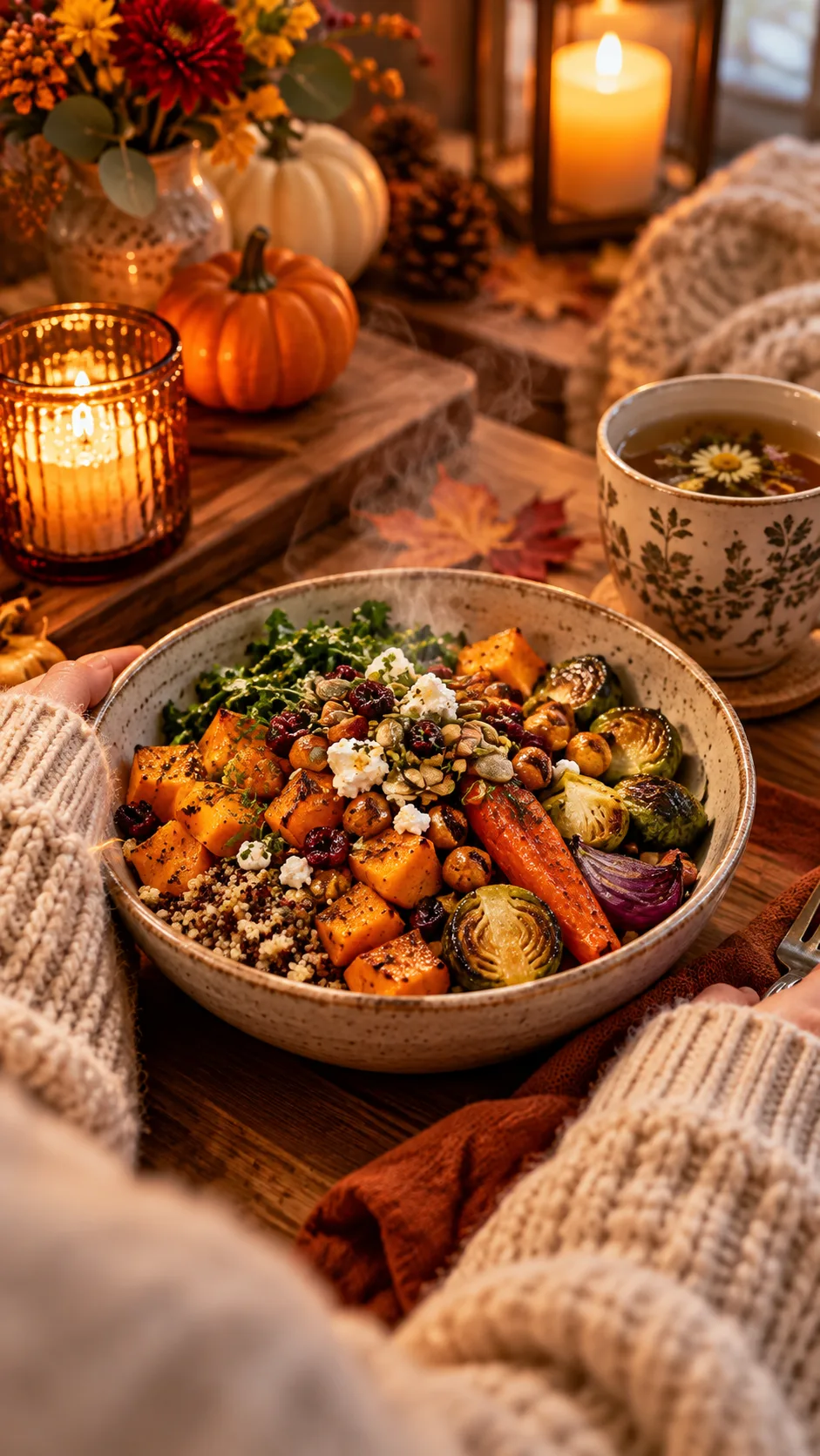 Fall Meal Prep That Makes Healthy Eating Feel Effortless All Week 5 A cozy, inviting autumn dinner setting with a steaming bowl of roasted vegetable grain bowl, soft knit sweater sleeves resting near the bowl, a warm cup of herbal tea, and glowing ambient candlelight