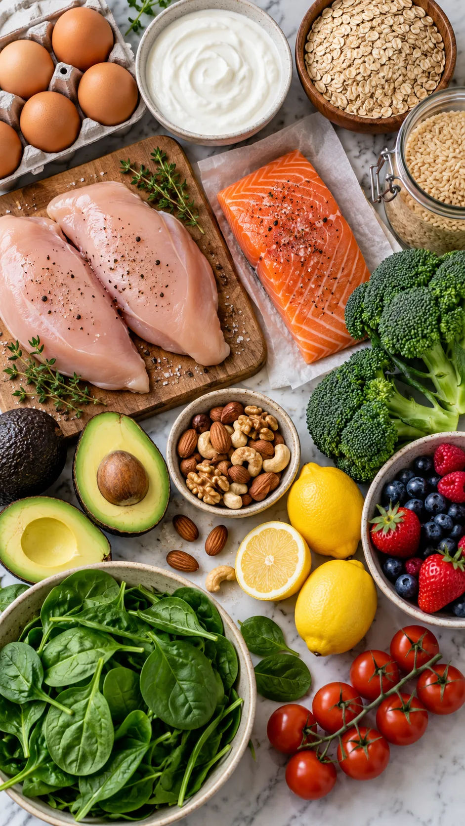 The Svelte 3 Day Meal Plan That Resets Your Metabolism Without Starving 3 Overhead realistic food photography of healthy meal plan grocery ingredients arranged neatly, including eggs, Greek yogurt, chicken breast, salmon, oats, brown rice, broccoli, berries, avocado, nuts, lemons, spinach and tomatoes, soft daylight, clean editorial composition