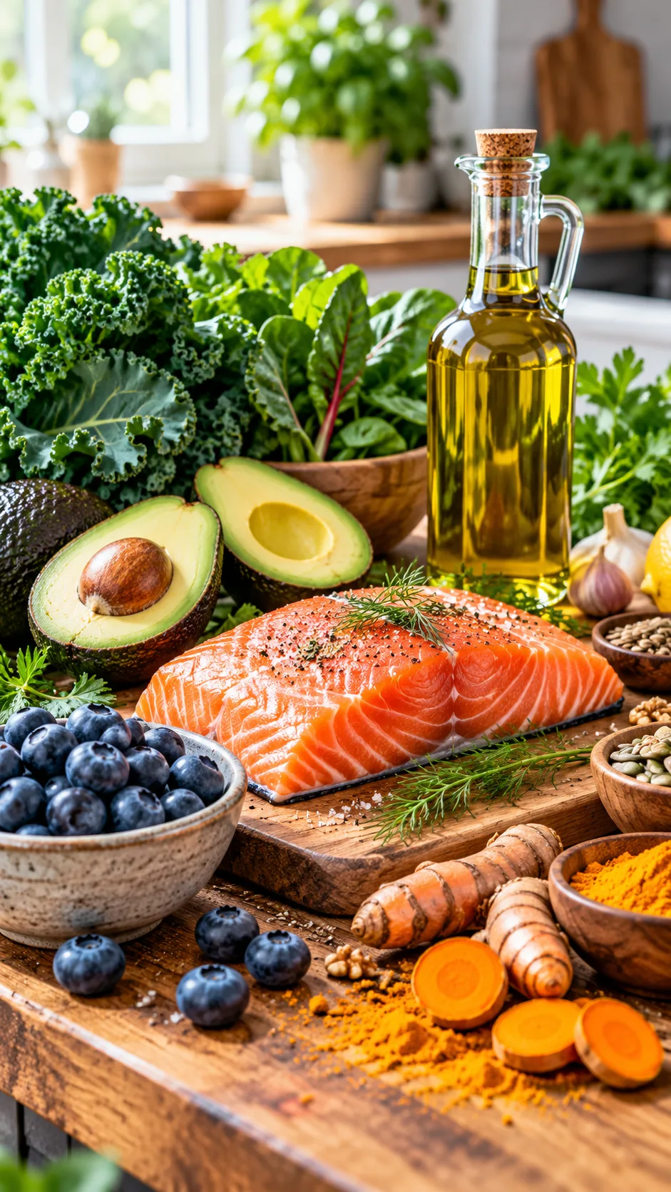 The Inflammation Diet for Beginners: What to Eat, What to Skip, and Why It Actually Works 1 A vibrant wooden kitchen counter filled with colorful anti-inflammatory foods including fresh salmon fillet, blueberries, halved avocados, dark leafy greens, a bottle of extra virgin olive oil, and fresh turmeric roots in natural morning light.